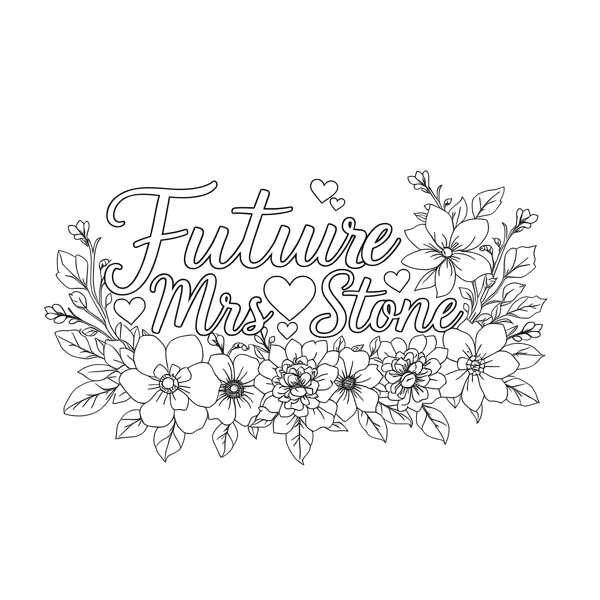 Font with floral design and text Coloring Page (free black-and-white line drawing printable PDF for all, from beginners to advanced learners, including children, teens, adults, and seniors)