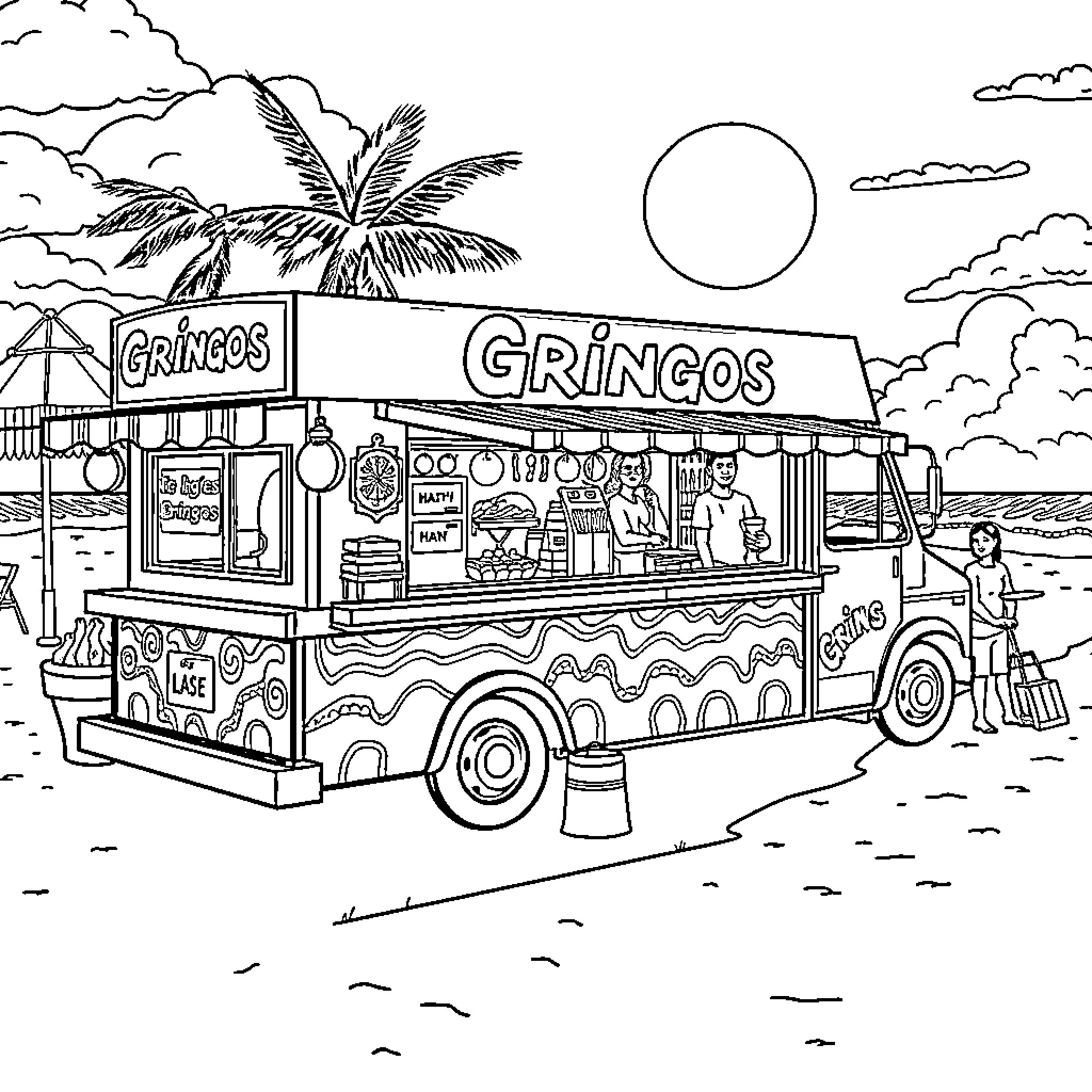 Food Truck Serving Tasty Treats at the Beach Coloring Page (free black-and-white line drawing printable PDF for all, from beginners to advanced learners, including children, teens, adults, and seniors)