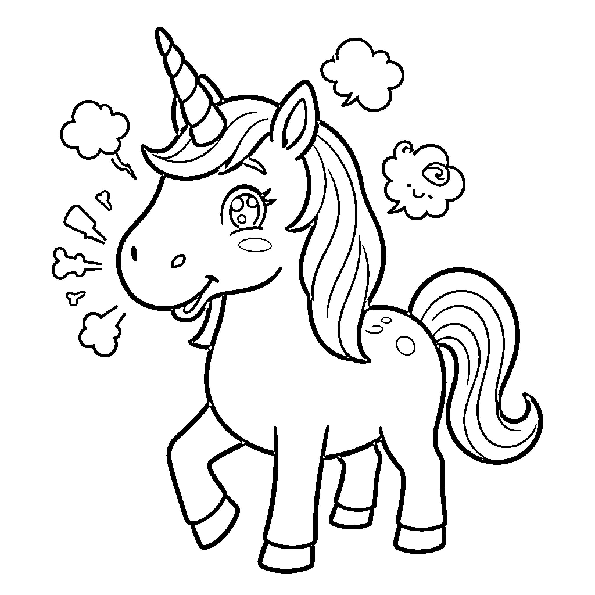Unicorn dancing joyfully amidst floating clouds Coloring Page (free black-and-white line drawing printable PDF for all, from beginners to advanced learners, including children, teens, adults, and seniors)