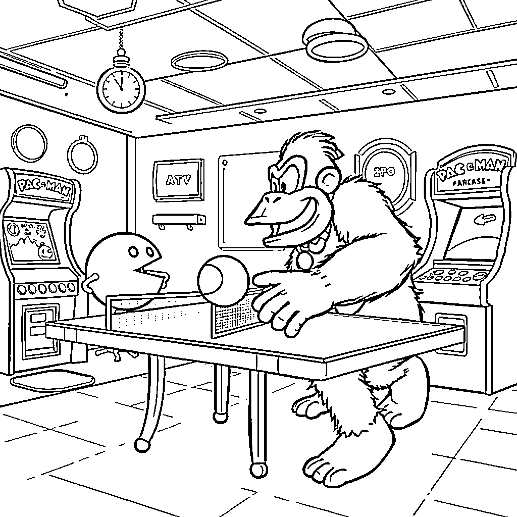 Donkey Kong playing retro video games in an arcade Coloring Page (free black-and-white line drawing printable PDF for all, from beginners to advanced learners, including children, teens, adults, and seniors)