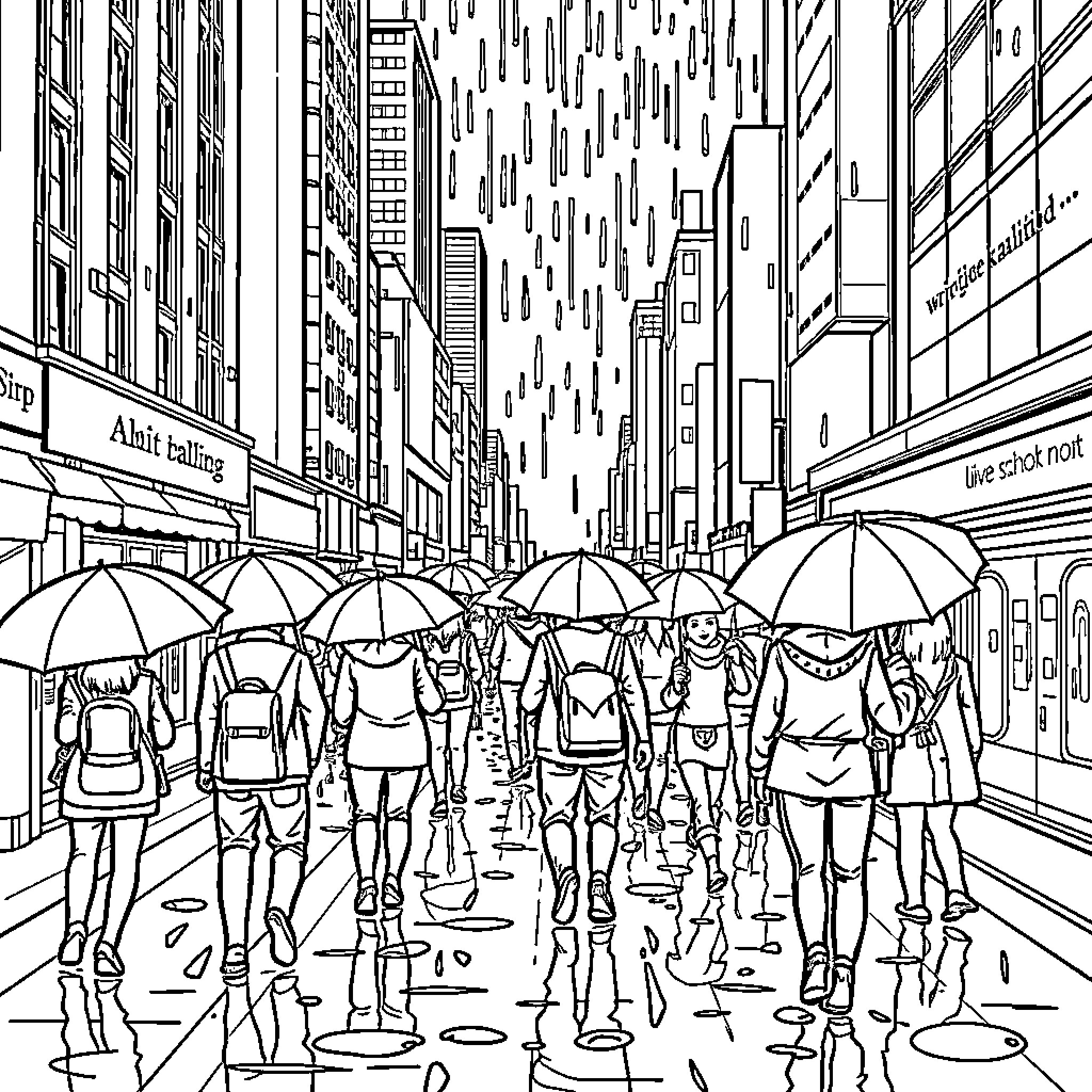 Rainy Day in the Bustling City Coloring Page (free black-and-white line drawing printable PDF for all, from beginners to advanced learners, including children, teens, adults, and seniors)