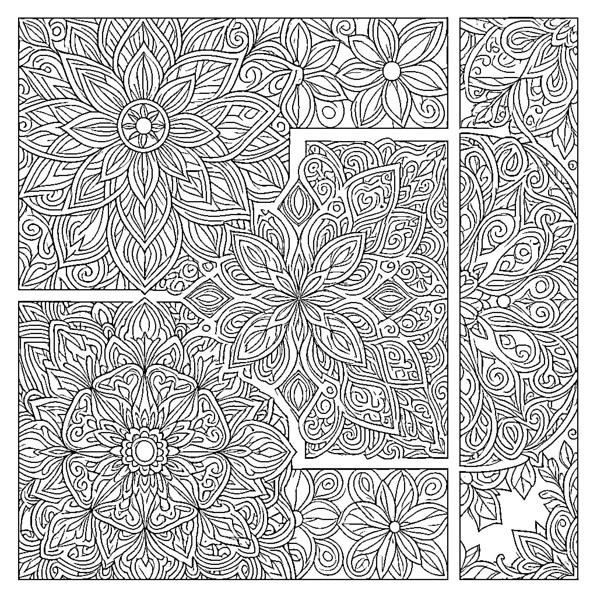 Adult relaxing with intricate floral mandala patterns Coloring Page (free black-and-white line drawing printable PDF for all, from beginners to advanced learners, including children, teens, adults, and seniors)