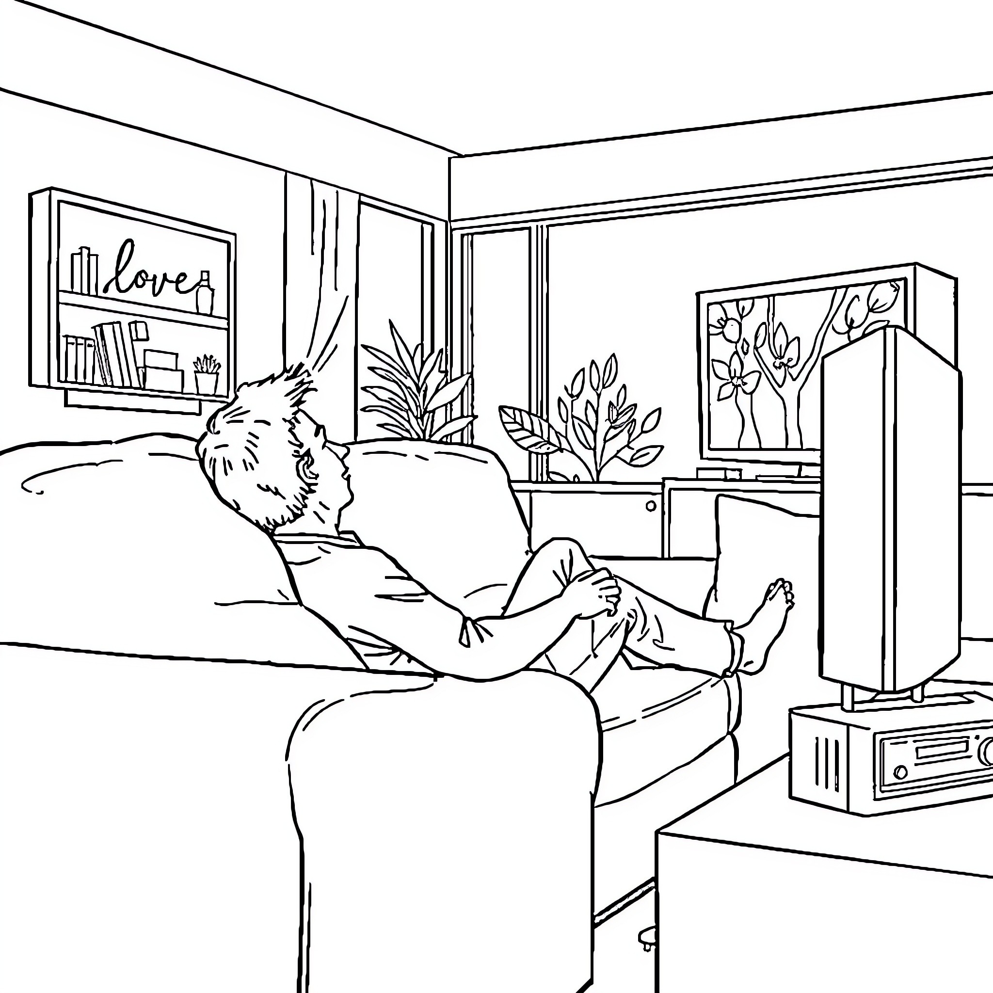 Man relaxing on sofa in cozy living room Coloring Page (free black-and-white line drawing printable PDF for all, from beginners to advanced learners, including children, teens, adults, and seniors)