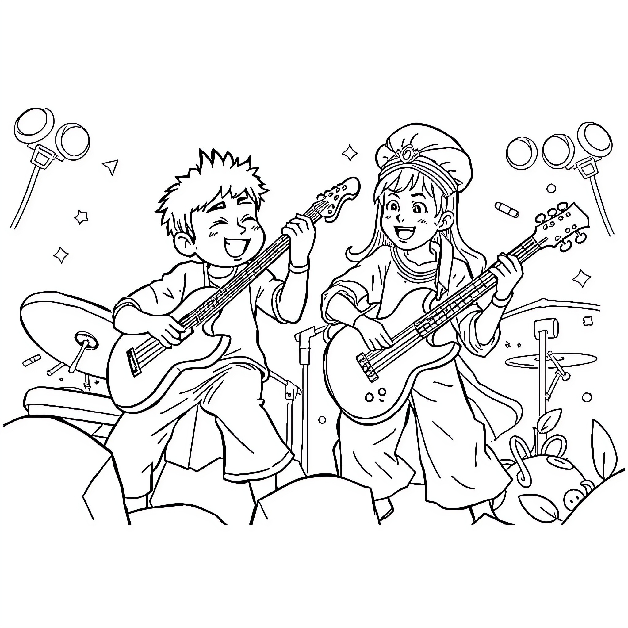 Tung playing guitar with friend in musical performance Coloring Page (free black-and-white line drawing printable PDF for all, from beginners to advanced learners, including children, teens, adults, and seniors)