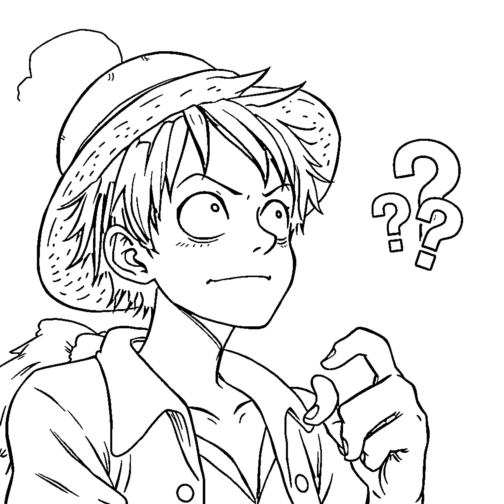 Luffy Questioning with Confusion Coloring Page (free black-and-white line drawing printable PDF for all, from beginners to advanced learners, including children, teens, adults, and seniors)