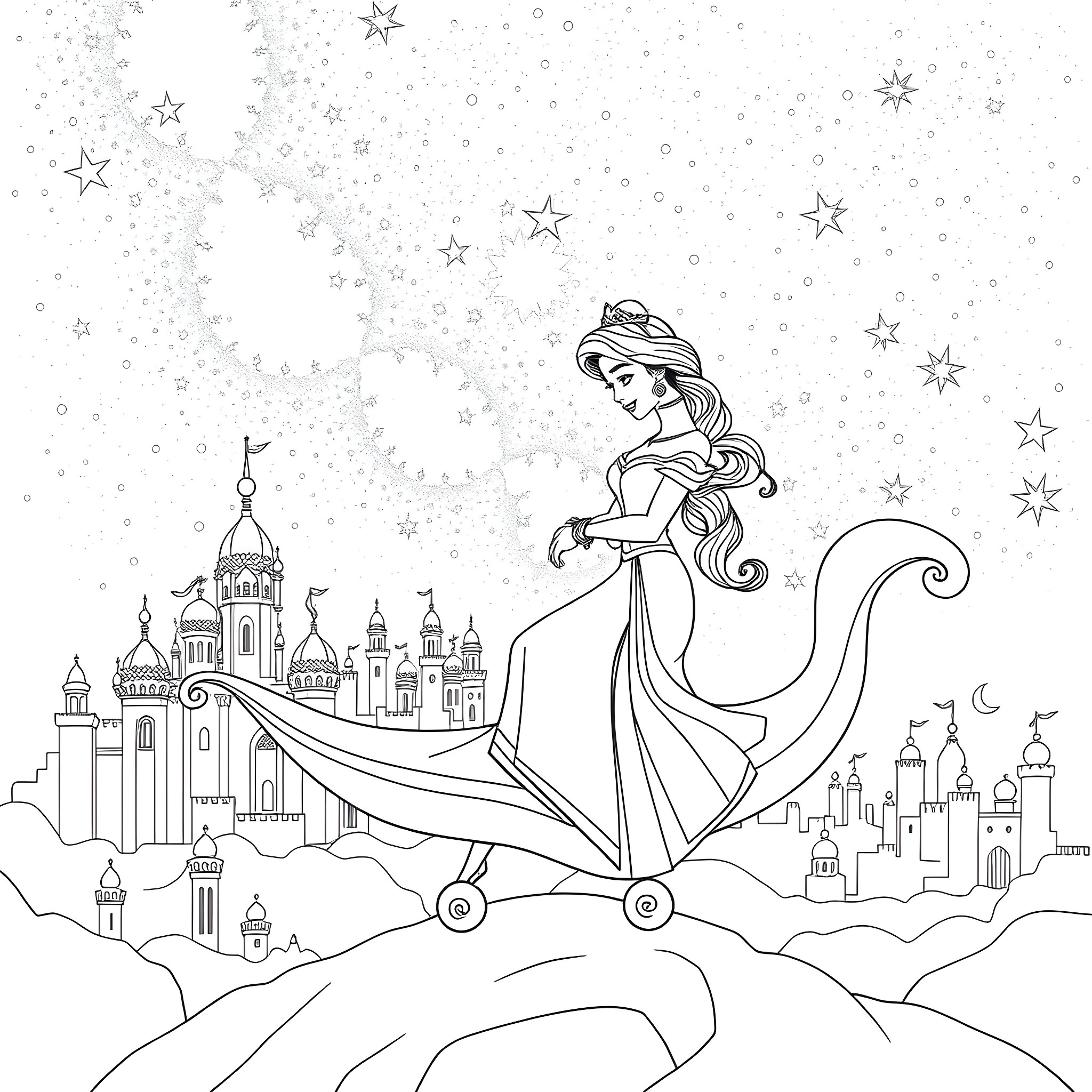 Jasmine's enchanting journey through the starry night Coloring Page (free black-and-white line drawing printable PDF for all, from beginners to advanced learners, including children, teens, adults, and seniors)