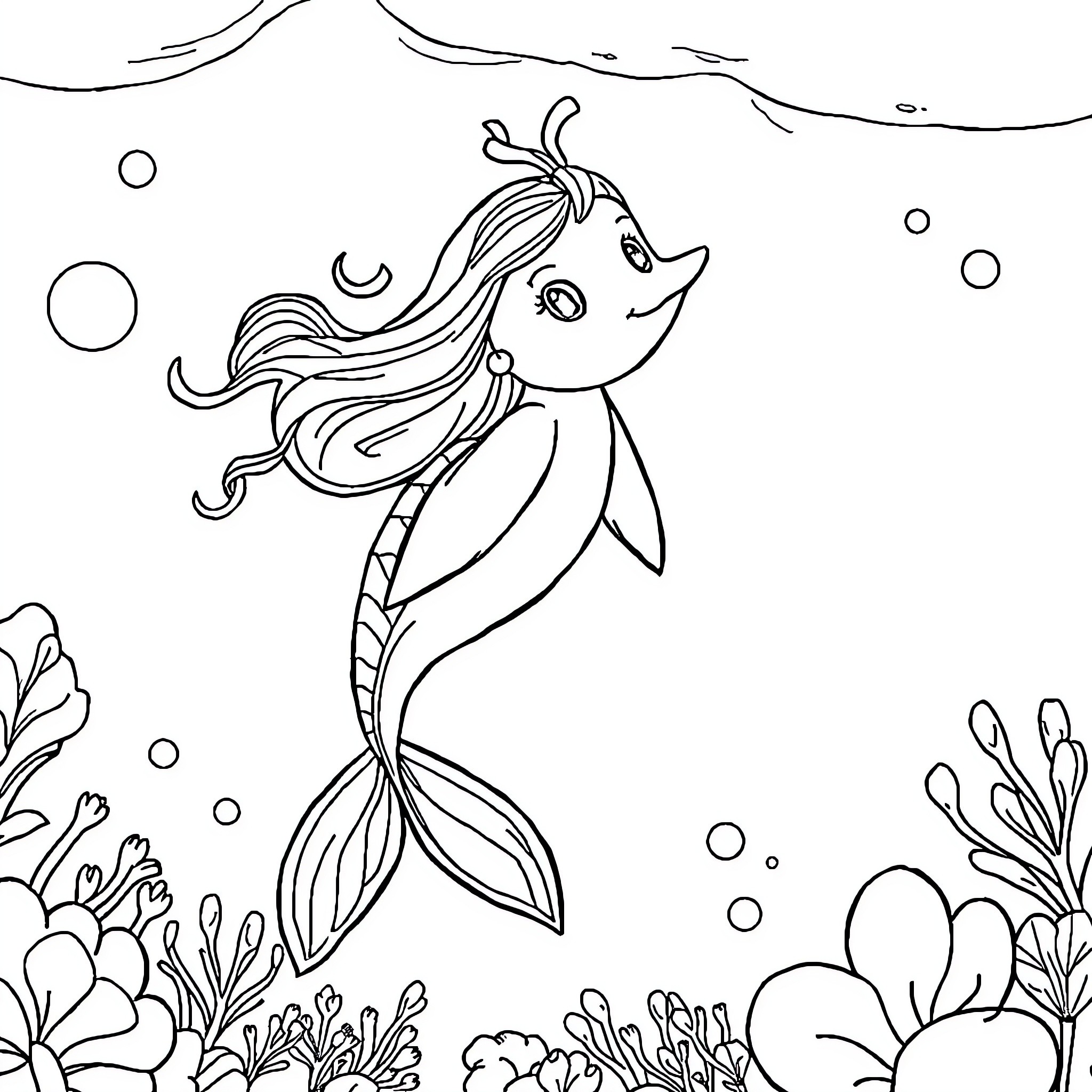 Mermaid swimming gracefully in the underwater scene Coloring Page (free black-and-white line drawing printable PDF for all, from beginners to advanced learners, including children, teens, adults, and seniors)