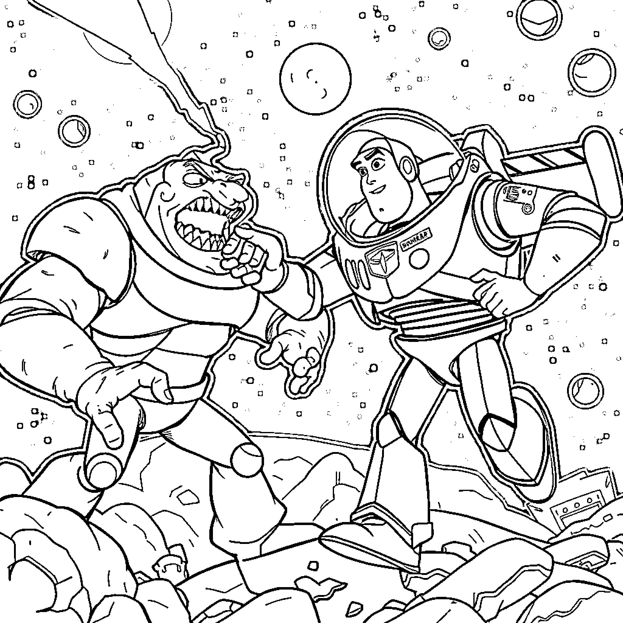 Buzz Lightyear battles a ferocious alien in space Coloring Page (free black-and-white line drawing printable PDF for all, from beginners to advanced learners, including children, teens, adults, and seniors)