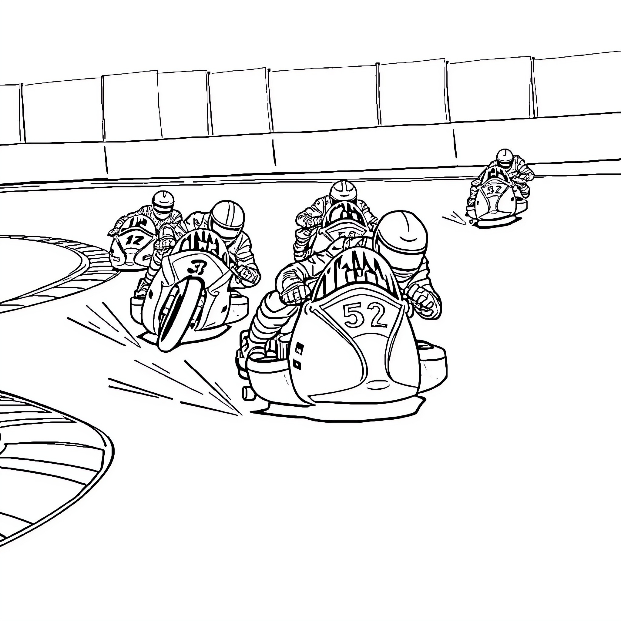 F1 Sidecar Race: Riders Speeding on the Track Coloring Page (free black-and-white line drawing printable PDF for all, from beginners to advanced learners, including children, teens, adults, and seniors)