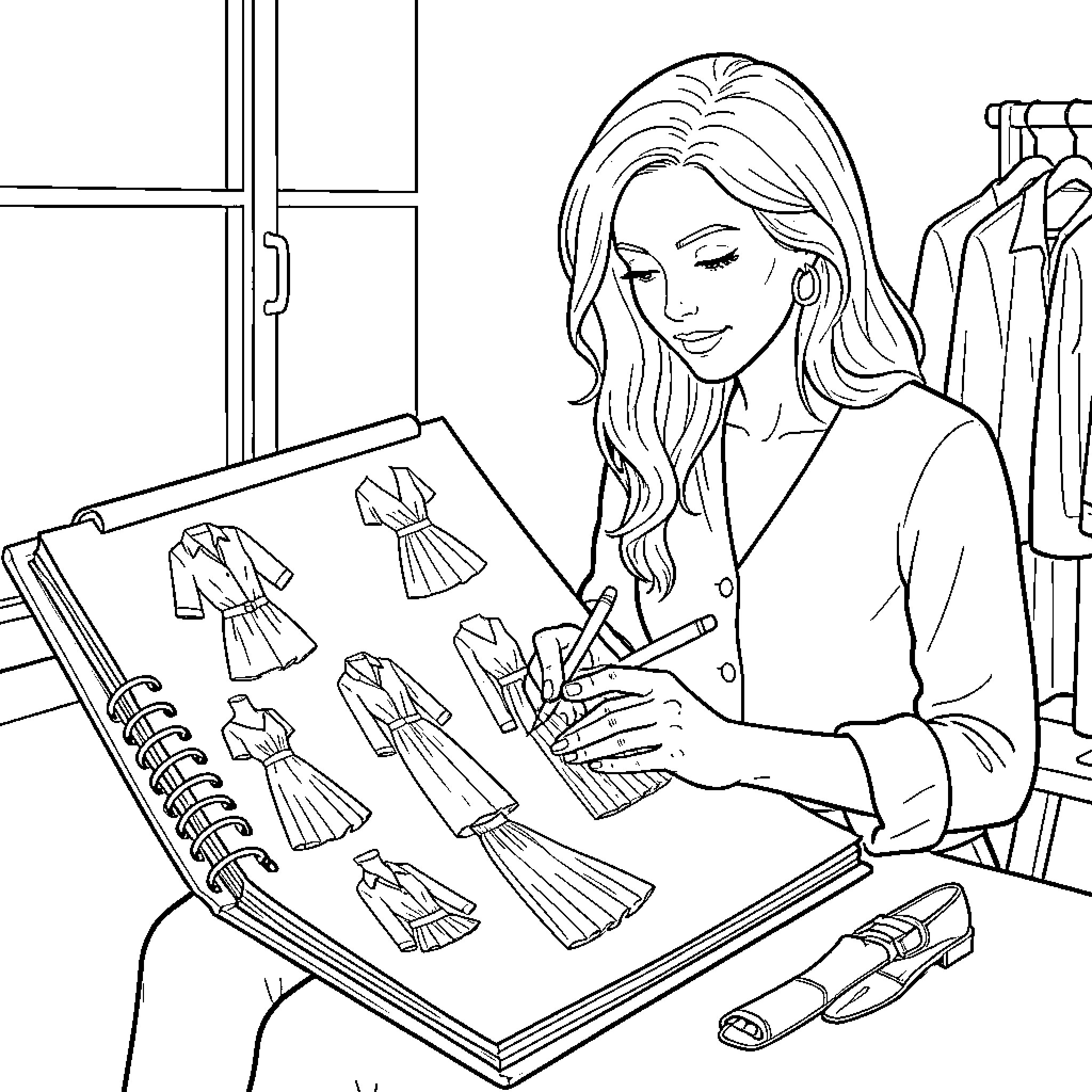Fashion designer sketching various clothing designs in a sketchbook Coloring Page (free black-and-white line drawing printable PDF for all, from beginners to advanced learners, including children, teens, adults, and seniors)