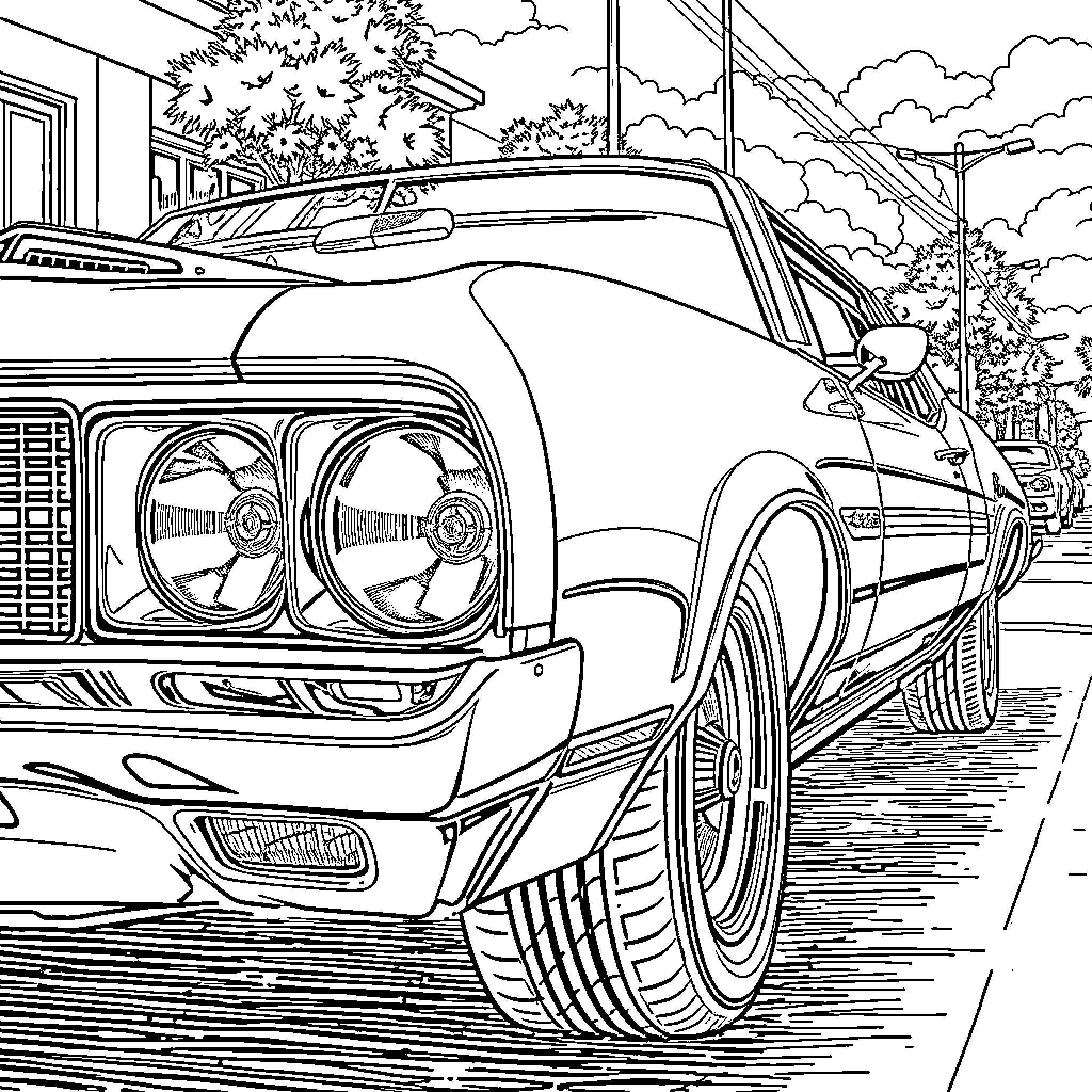 Oldsmobile classic car parked on the street Coloring Page (free black-and-white line drawing printable PDF for all, from beginners to advanced learners, including children, teens, adults, and seniors)