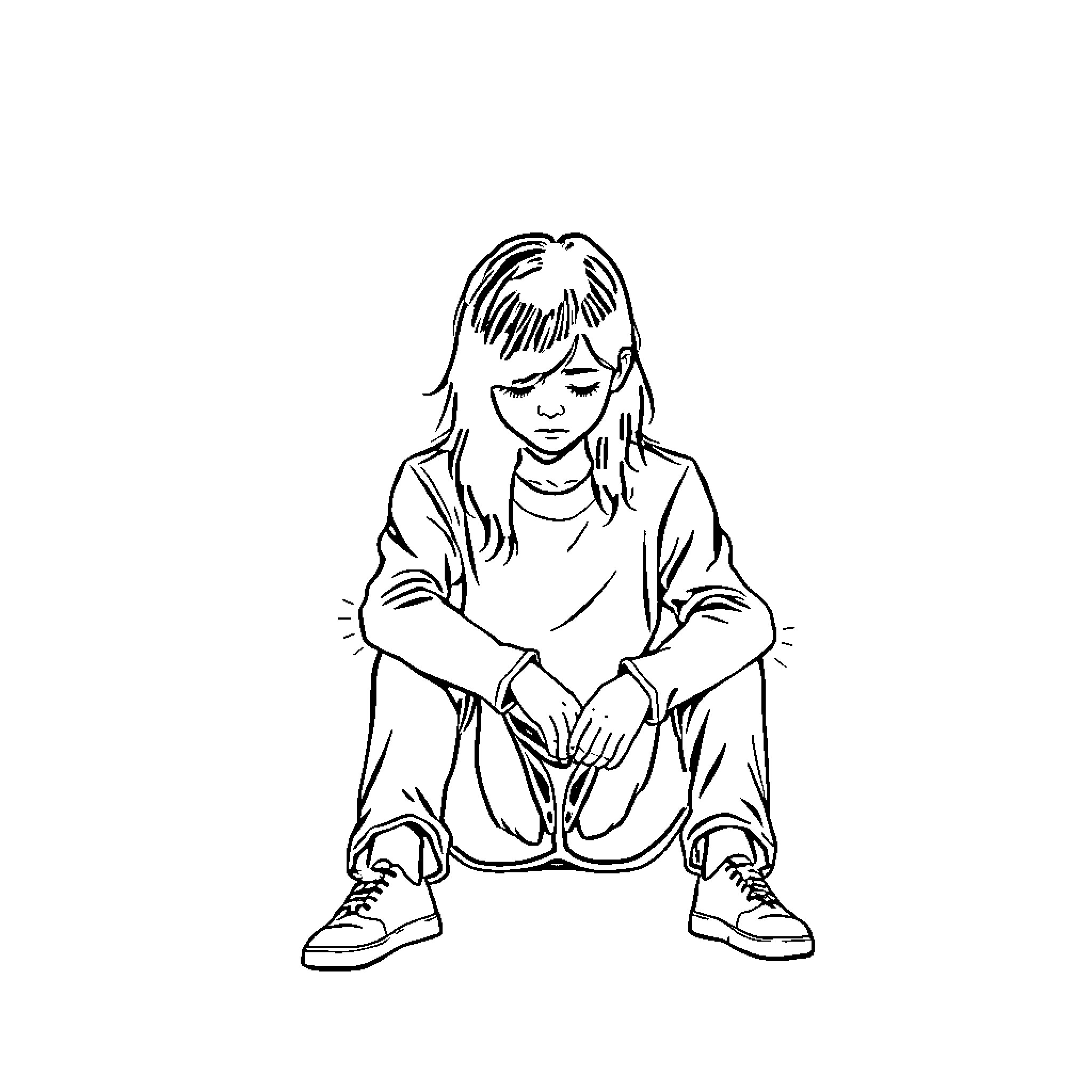 Sad girl sitting alone with downcast expression Coloring Page (free black-and-white line drawing printable PDF for all, from beginners to advanced learners, including children, teens, adults, and seniors)