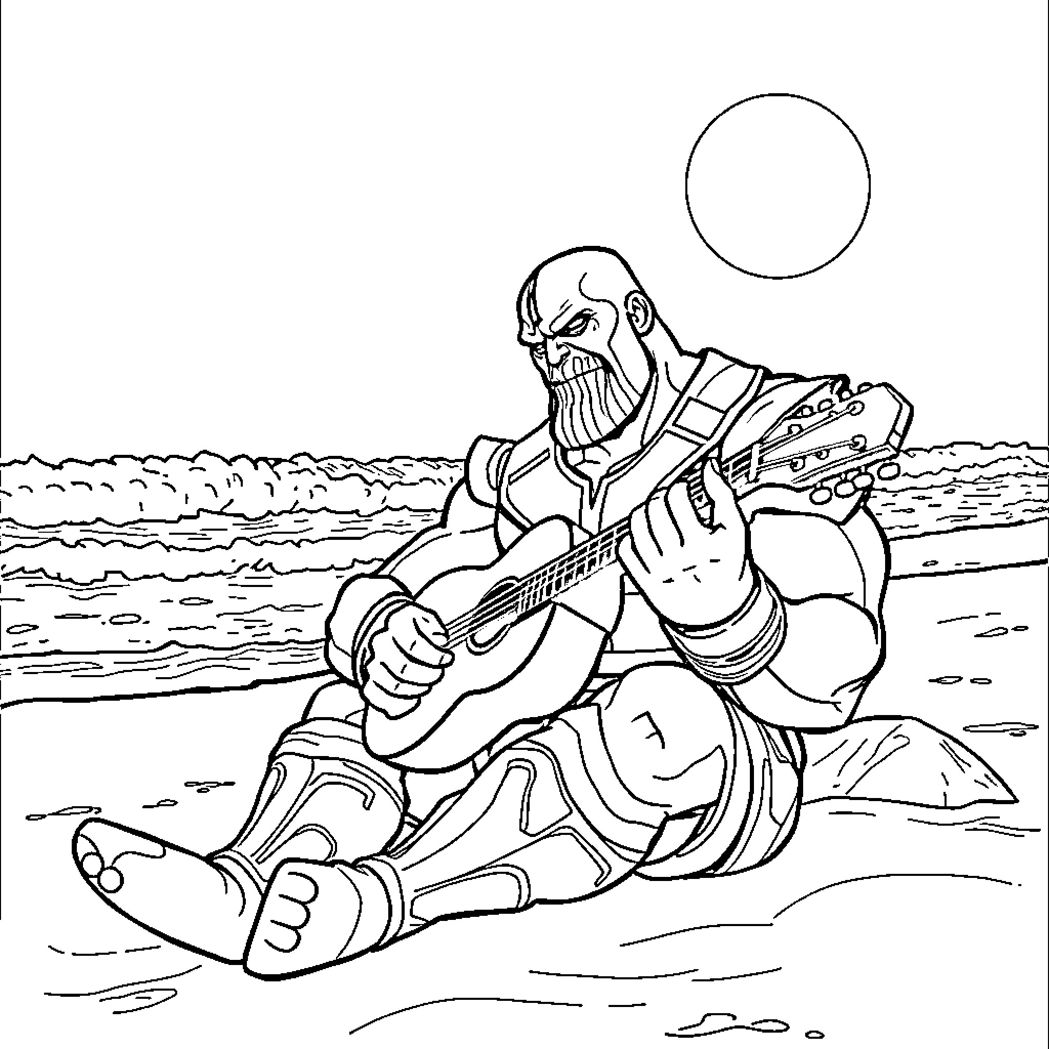 Thanos playing guitar on a rocky beach Coloring Page (free black-and-white line drawing printable PDF for all, from beginners to advanced learners, including children, teens, adults, and seniors)