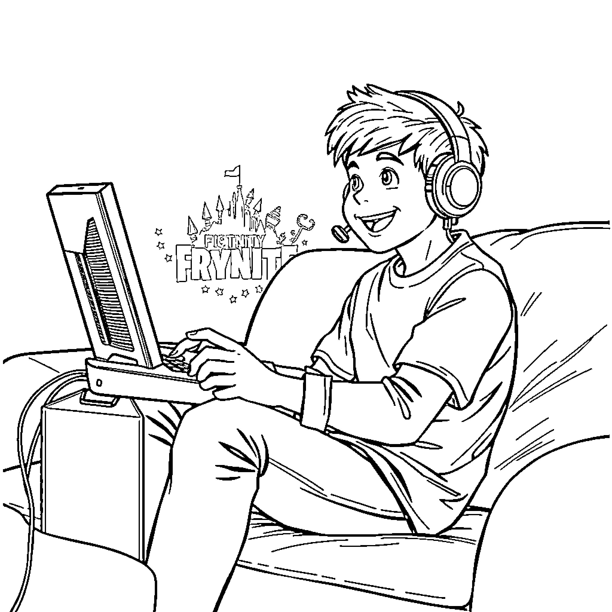 Boy enjoys gaming on computer with headphones Coloring Page (free black-and-white line drawing printable PDF for all, from beginners to advanced learners, including children, teens, adults, and seniors)