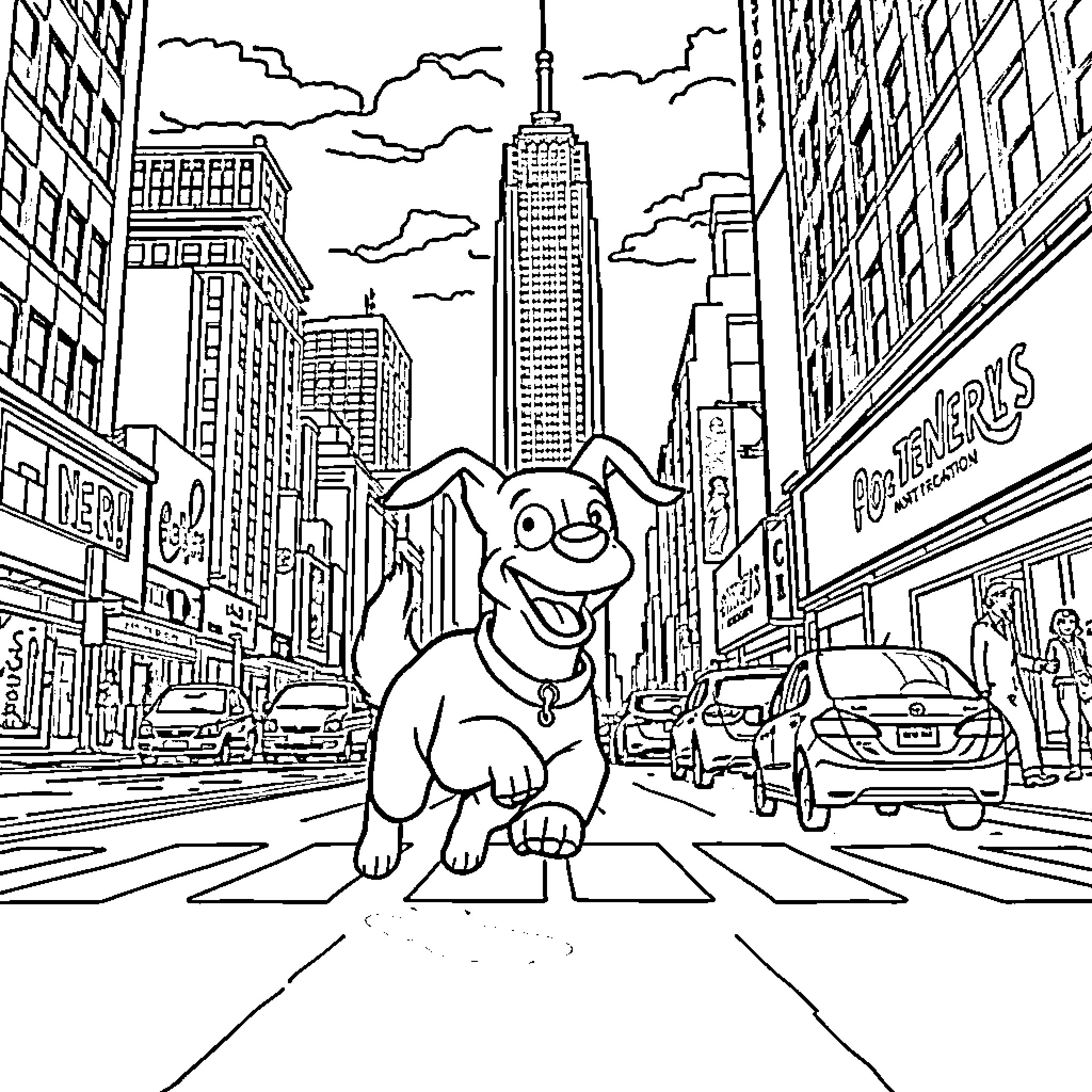 Dog exploring the bustling city streets Coloring Page (free black-and-white line drawing printable PDF for all, from beginners to advanced learners, including children, teens, adults, and seniors)