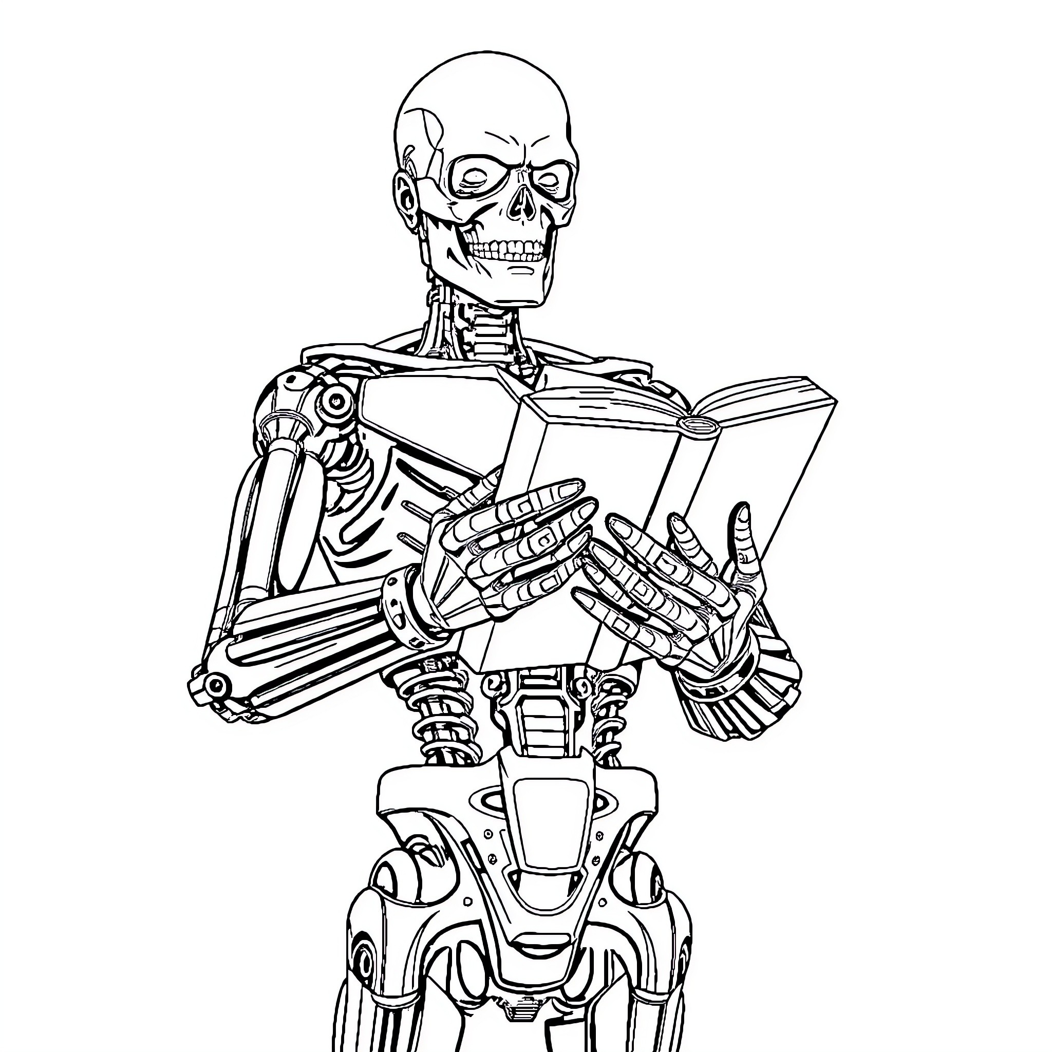 T1000 Cyborg Reading Scientific Textbook Coloring Page (free black-and-white line drawing printable PDF for all, from beginners to advanced learners, including children, teens, adults, and seniors)