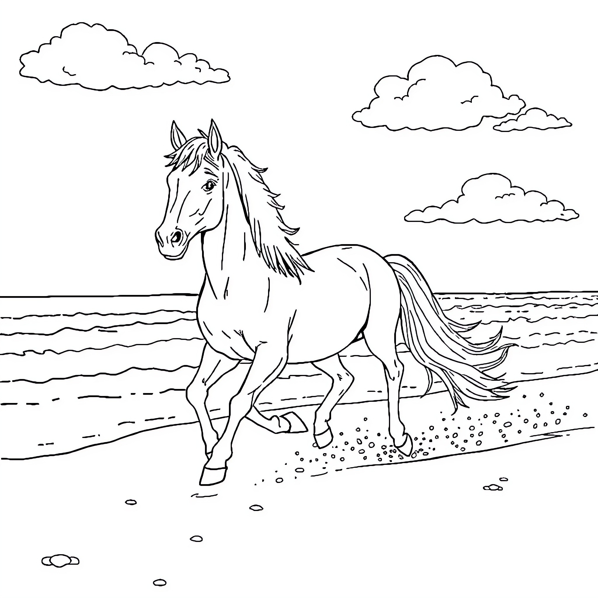 Pony running along the beach with clouds Coloring Page (free black-and-white line drawing printable PDF for all, from beginners to advanced learners, including children, teens, adults, and seniors)