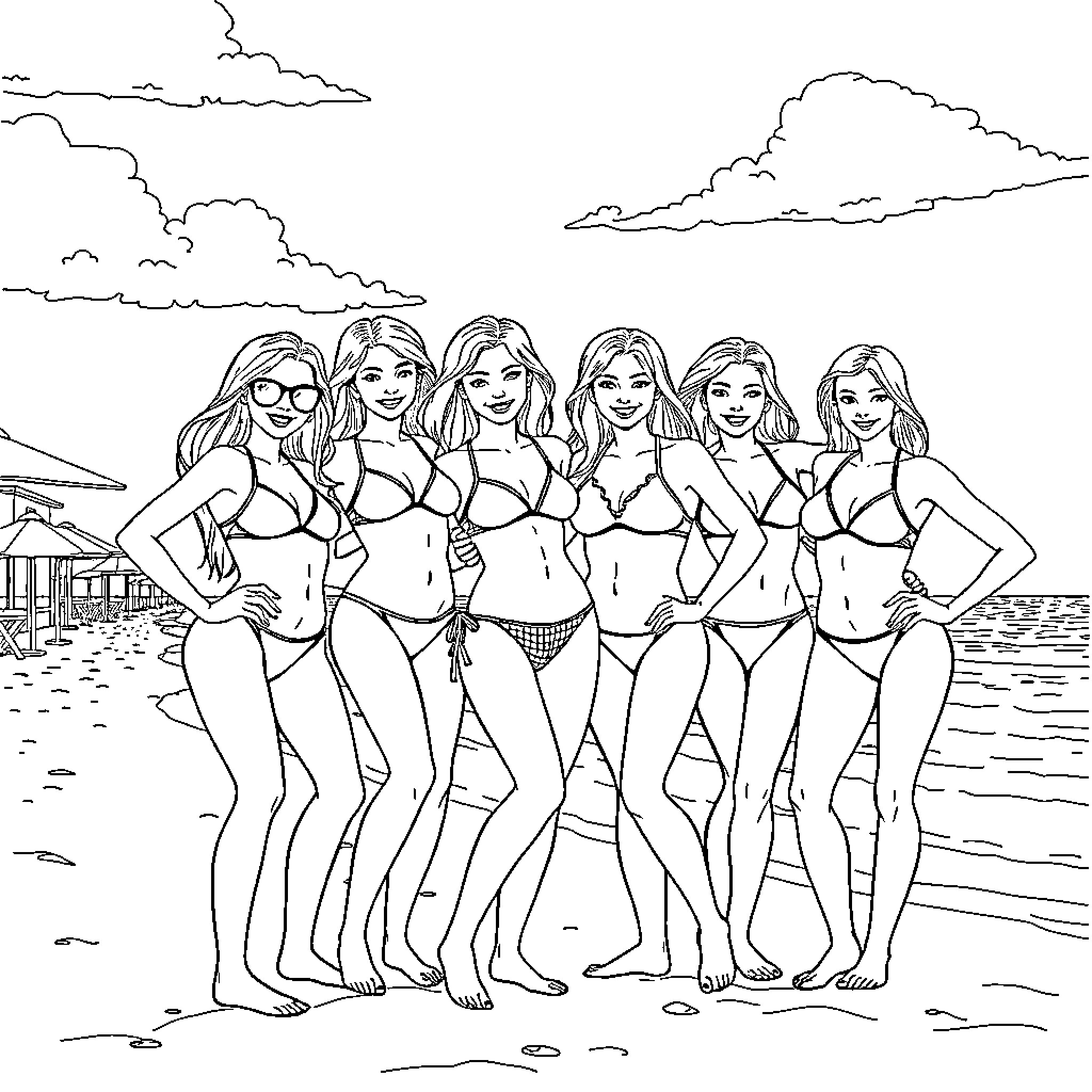 Girls posing confidently in swimsuits on the beach Coloring Page (free black-and-white line drawing printable PDF for all, from beginners to advanced learners, including children, teens, adults, and seniors)