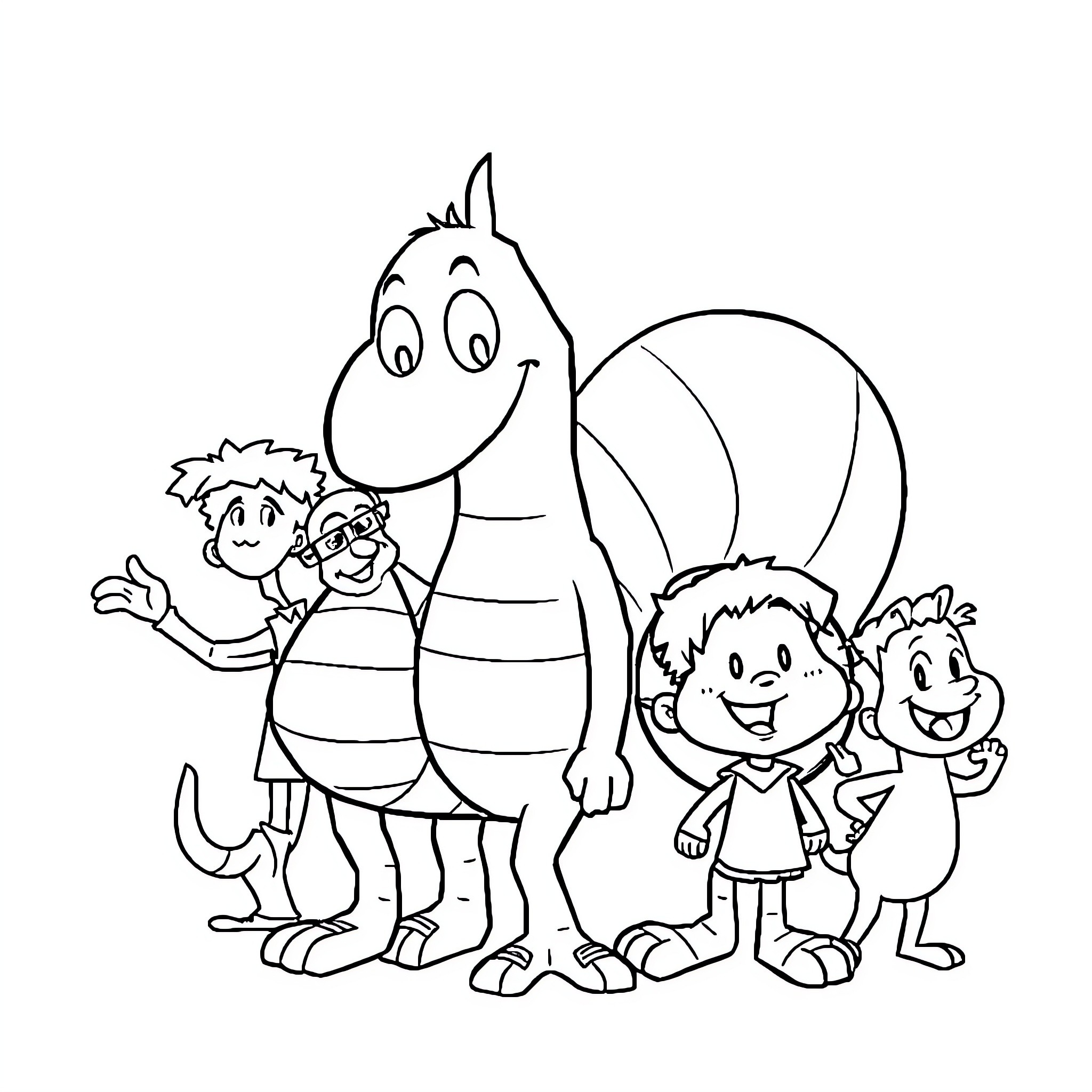 Macron with children in cartoon-like setting Coloring Page (free black-and-white line drawing printable PDF for all, from beginners to advanced learners, including children, teens, adults, and seniors)