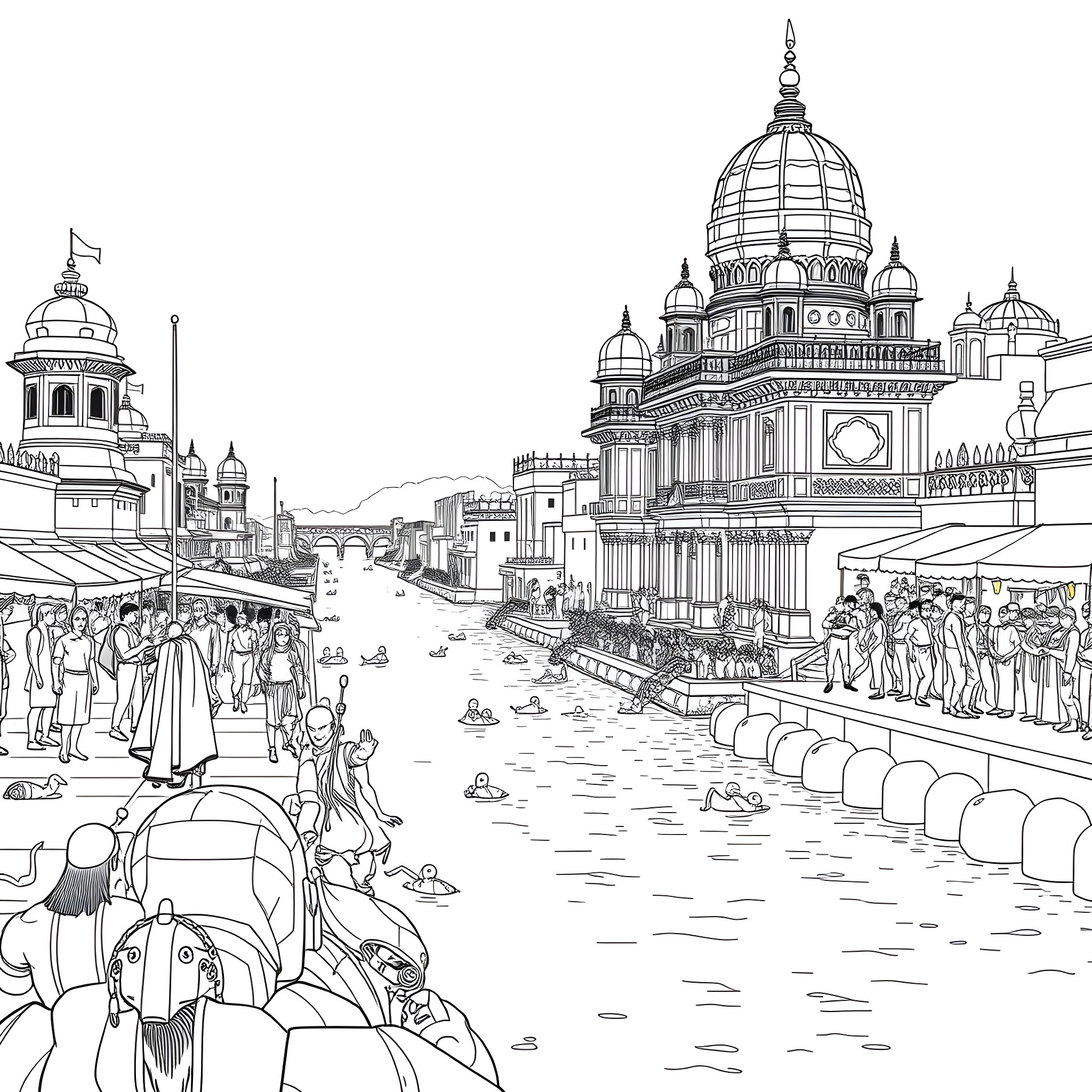 Avenger's Majestic Architectural Cityscape Coloring Page (free black-and-white line drawing printable PDF for all, from beginners to advanced learners, including children, teens, adults, and seniors)