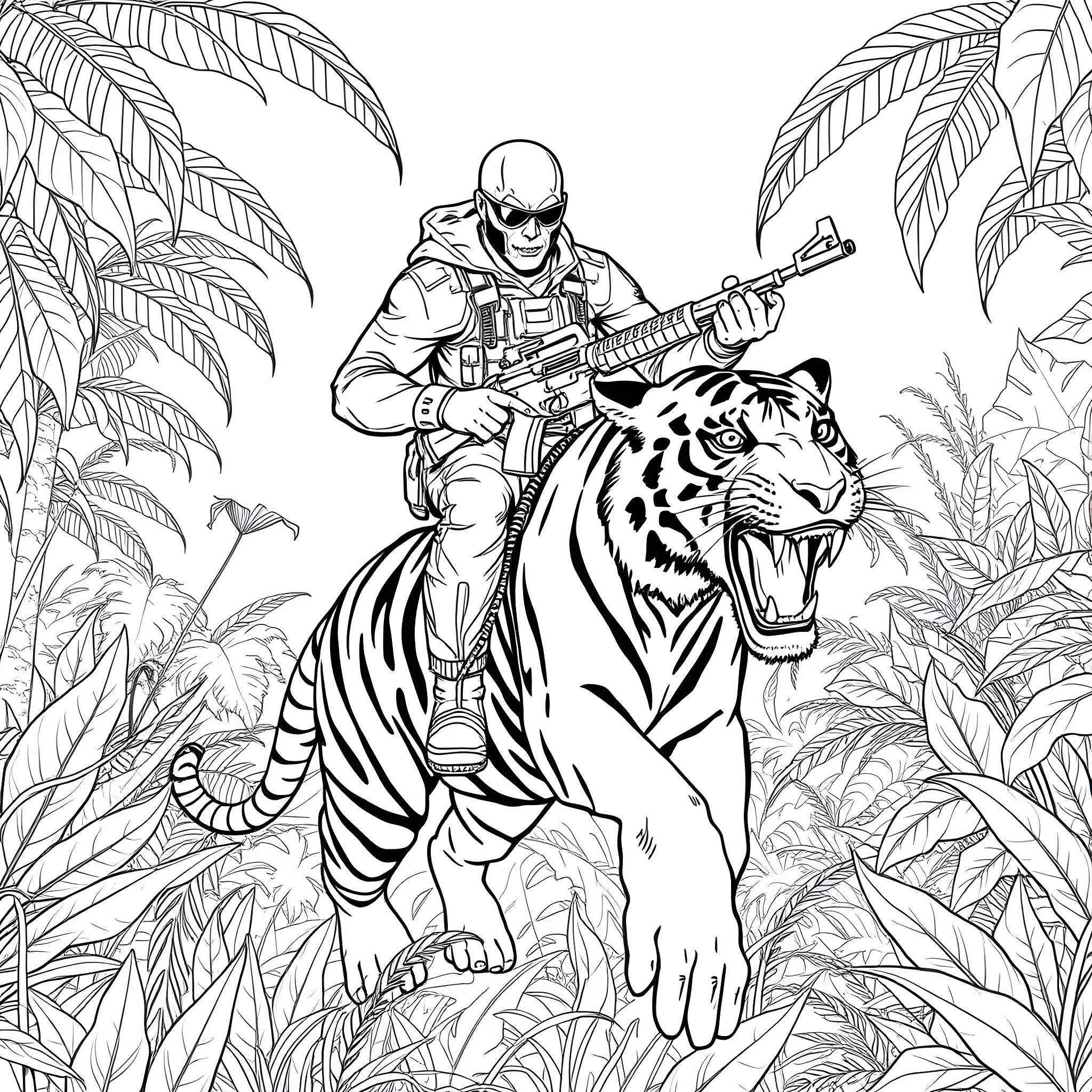 Scar Face Battles a Ferocious Tiger in the Jungle Coloring Page (free black-and-white line drawing printable PDF for all, from beginners to advanced learners, including children, teens, adults, and seniors)