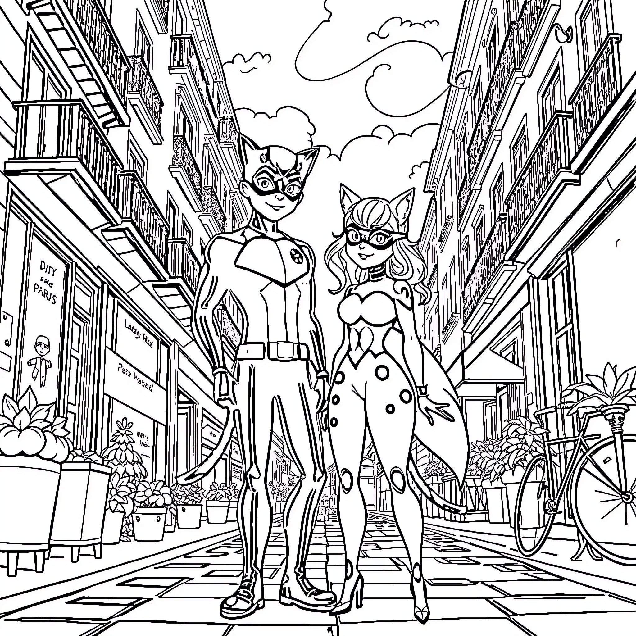 Ladybug and Cat Superhero Duo on City Street Coloring Page (free black-and-white line drawing printable PDF for all, from beginners to advanced learners, including children, teens, adults, and seniors)