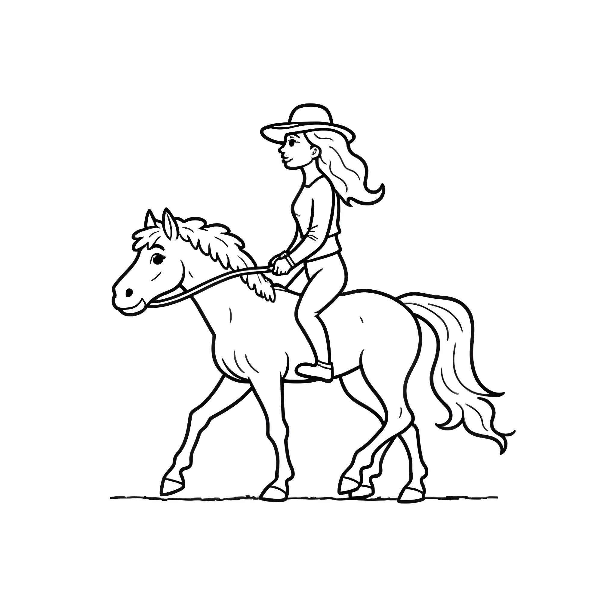 Lady riding a horse happily in the field Coloring Page (free black-and-white line drawing printable PDF for all, from beginners to advanced learners, including children, teens, adults, and seniors)
