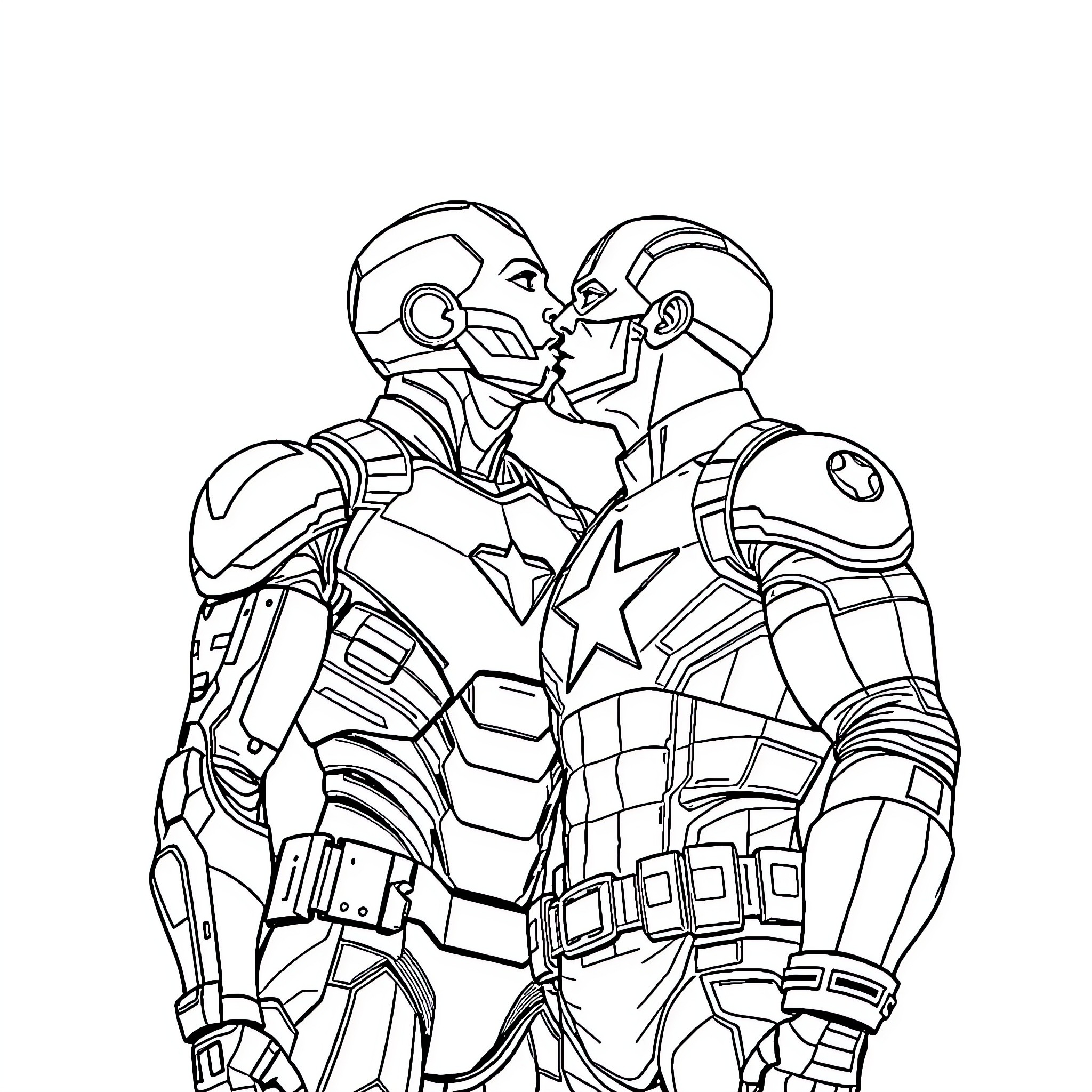 Iron Man and Captain America in heroic battle stance Coloring Page (free black-and-white line drawing printable PDF for all, from beginners to advanced learners, including children, teens, adults, and seniors)