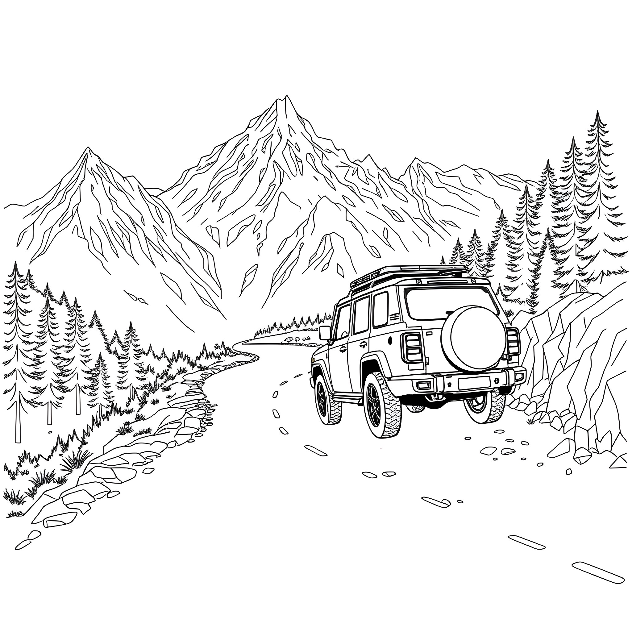 SUV traversing through scenic mountain landscape Coloring Page (free black-and-white line drawing printable PDF for all, from beginners to advanced learners, including children, teens, adults, and seniors)