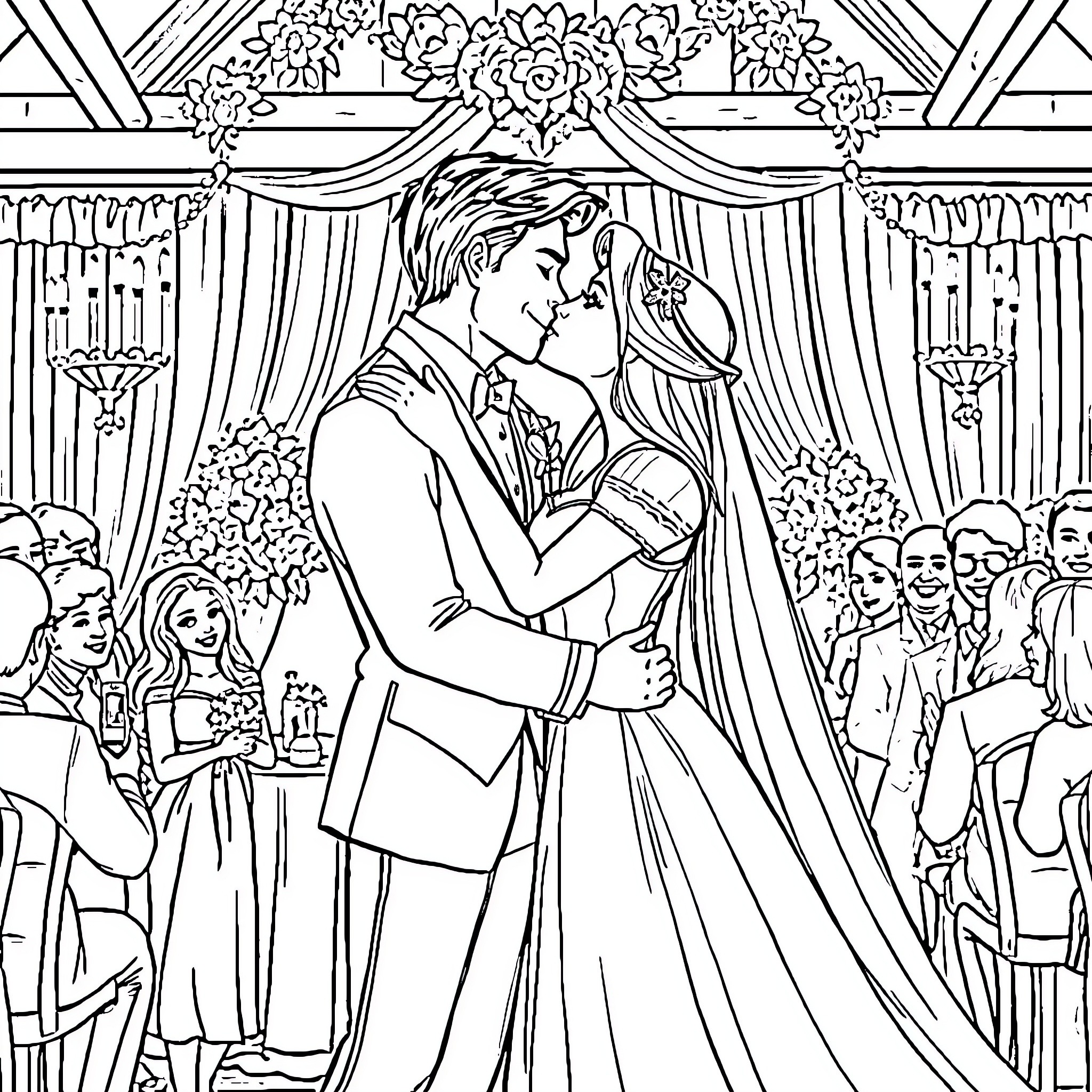 Rapunzel's Enchanted Wedding Celebration Coloring Page (free black-and-white line drawing printable PDF for all, from beginners to advanced learners, including children, teens, adults, and seniors)