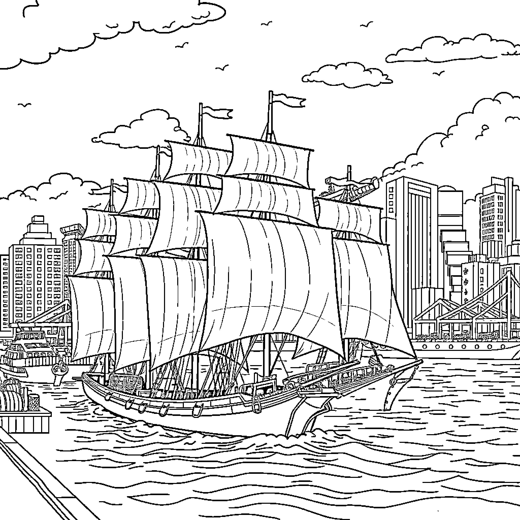 Ship sailing amidst cityscape and seascape Coloring Page (free black-and-white line drawing printable PDF for all, from beginners to advanced learners, including children, teens, adults, and seniors)