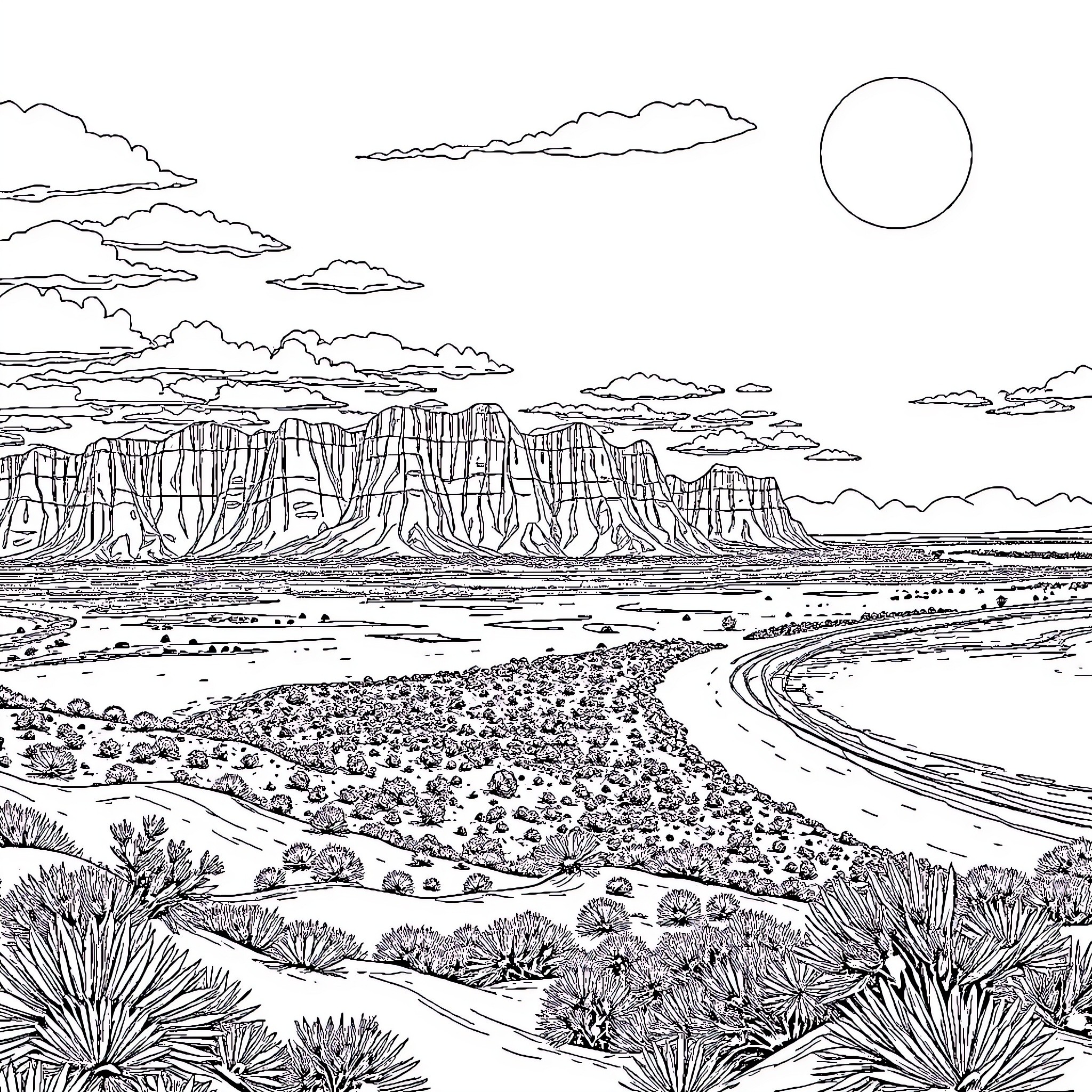 Australia's rugged outback landscape under a vast sky Coloring Page (free black-and-white line drawing printable PDF for all, from beginners to advanced learners, including children, teens, adults, and seniors)