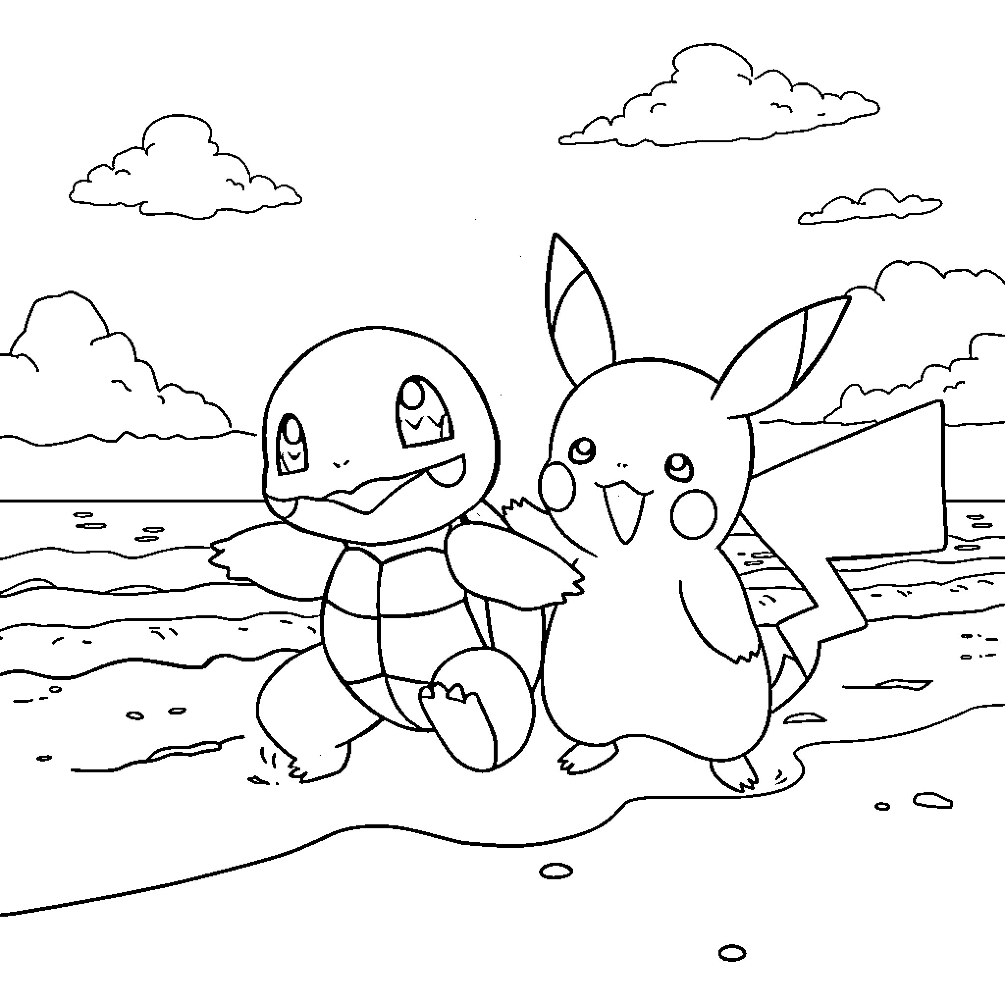 Squirtle and Pikachu playing happily on the beach Coloring Page (free black-and-white line drawing printable PDF for all, from beginners to advanced learners, including children, teens, adults, and seniors)