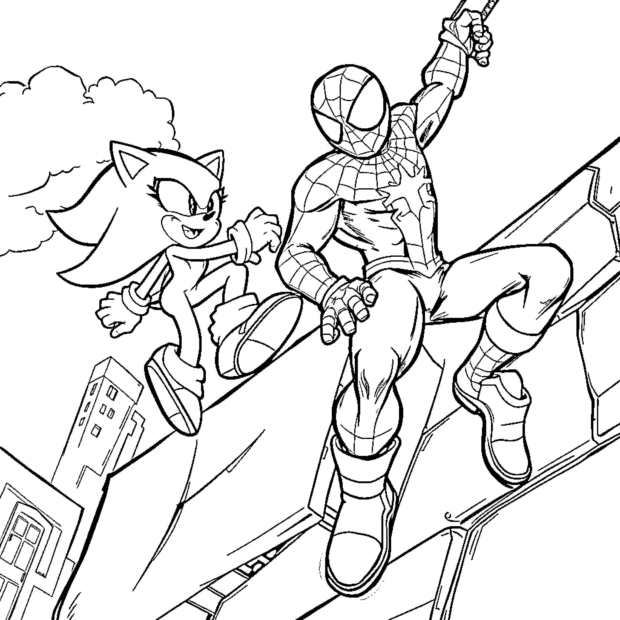Sonic and Spider-Man battling together against city skyline Coloring Page (free black-and-white line drawing printable PDF for all, from beginners to advanced learners, including children, teens, adults, and seniors)