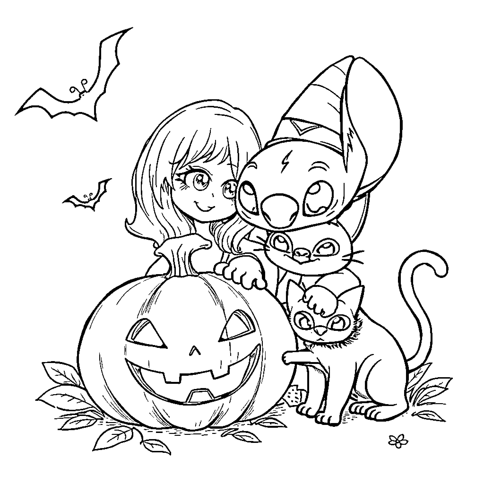 Angèle's Enchanting Halloween Adventure Coloring Page (free black-and-white line drawing printable PDF for all, from beginners to advanced learners, including children, teens, adults, and seniors)