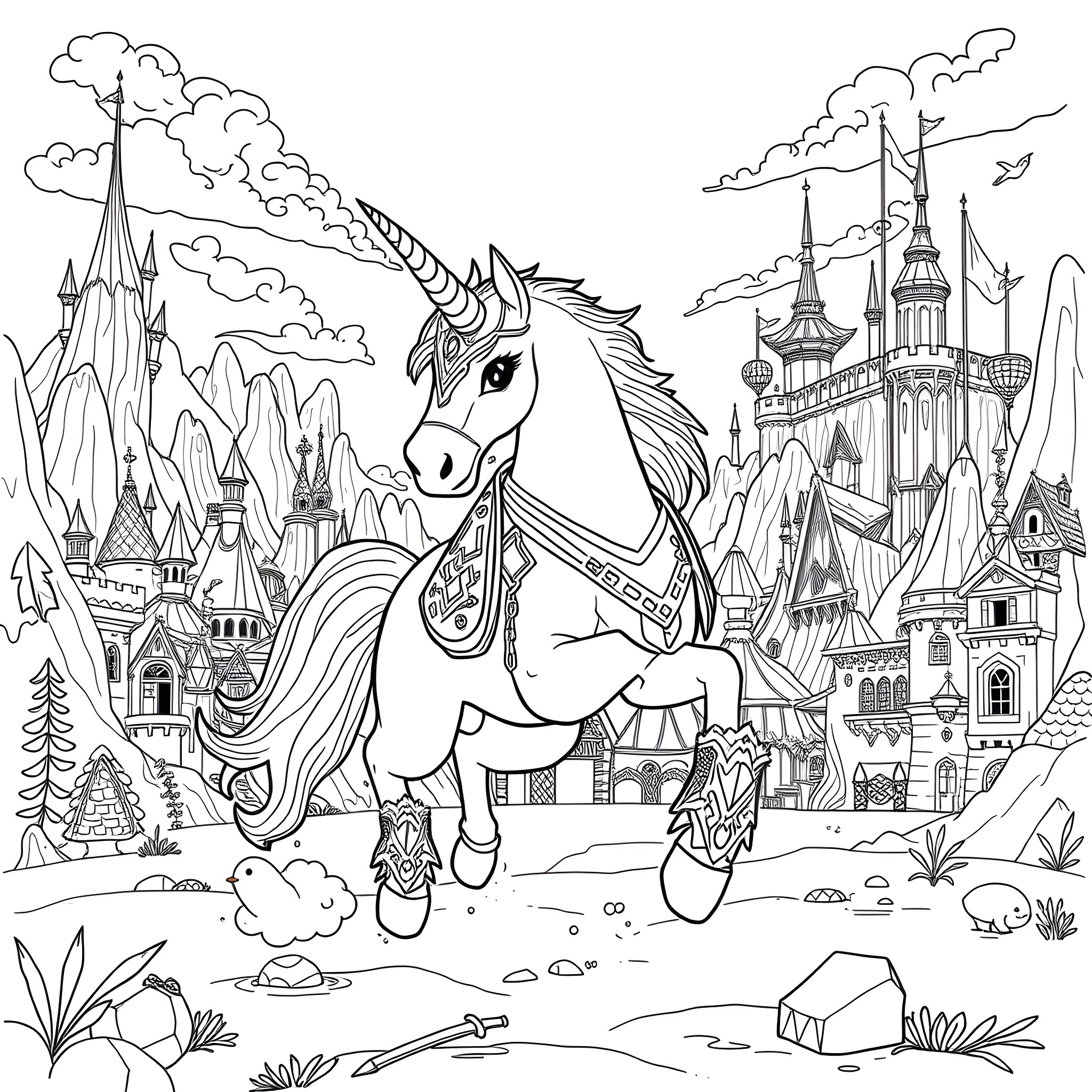 Unicorn galloping through a magical fantasy landscape Coloring Page (free black-and-white line drawing printable PDF for all, from beginners to advanced learners, including children, teens, adults, and seniors)