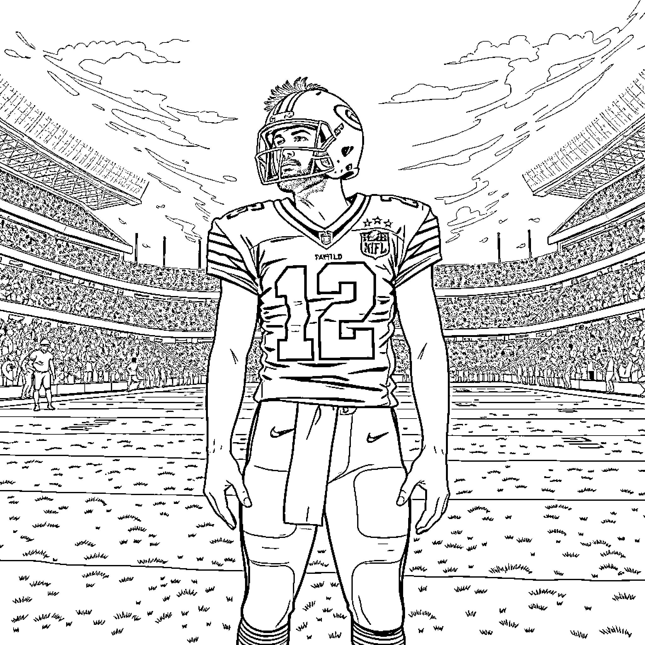 Baker Mayfield standing confidently on football field Coloring Page (free black-and-white line drawing printable PDF for all, from beginners to advanced learners, including children, teens, adults, and seniors)