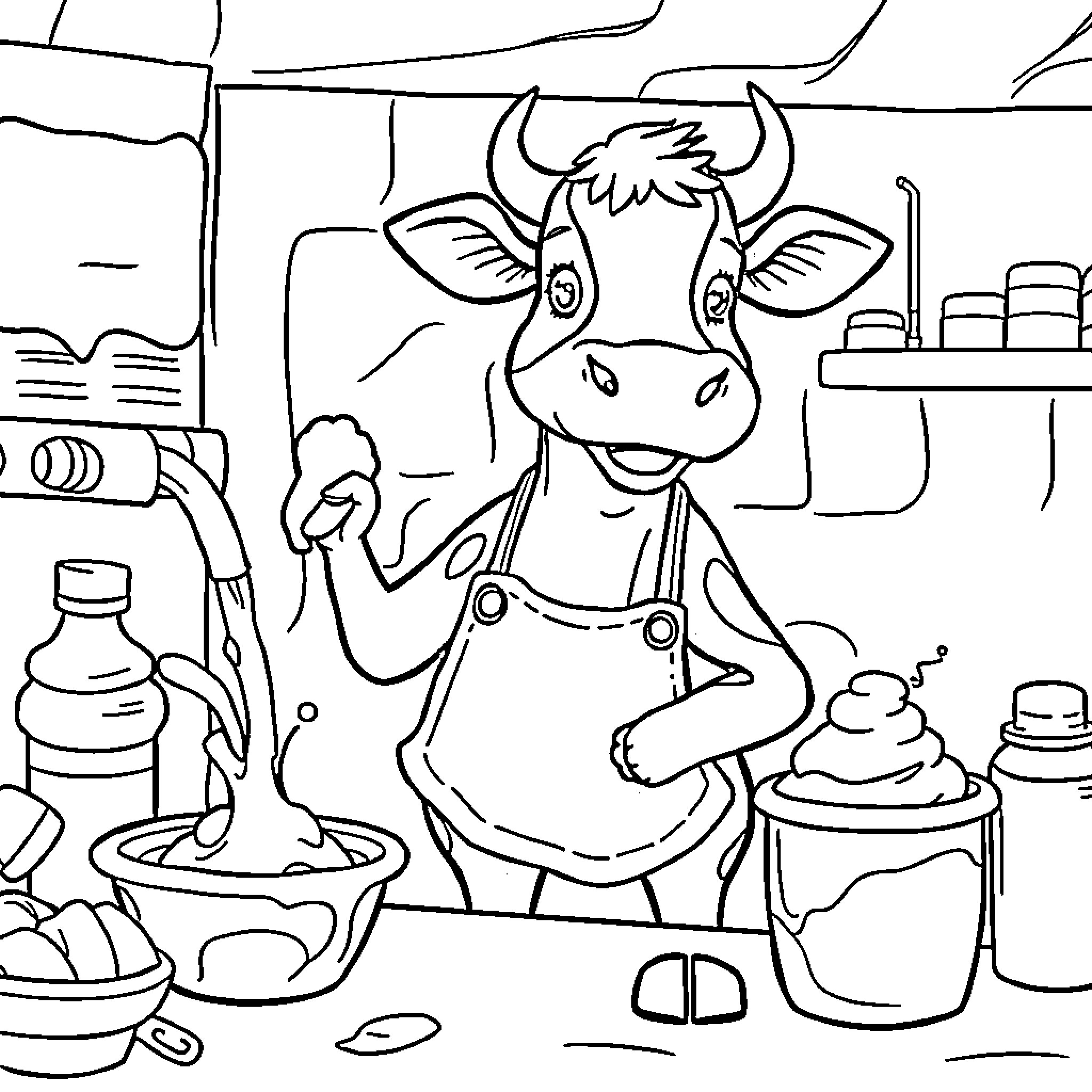 Cow chef cooking in the kitchen Coloring Page (free black-and-white line drawing printable PDF for all, from beginners to advanced learners, including children, teens, adults, and seniors)