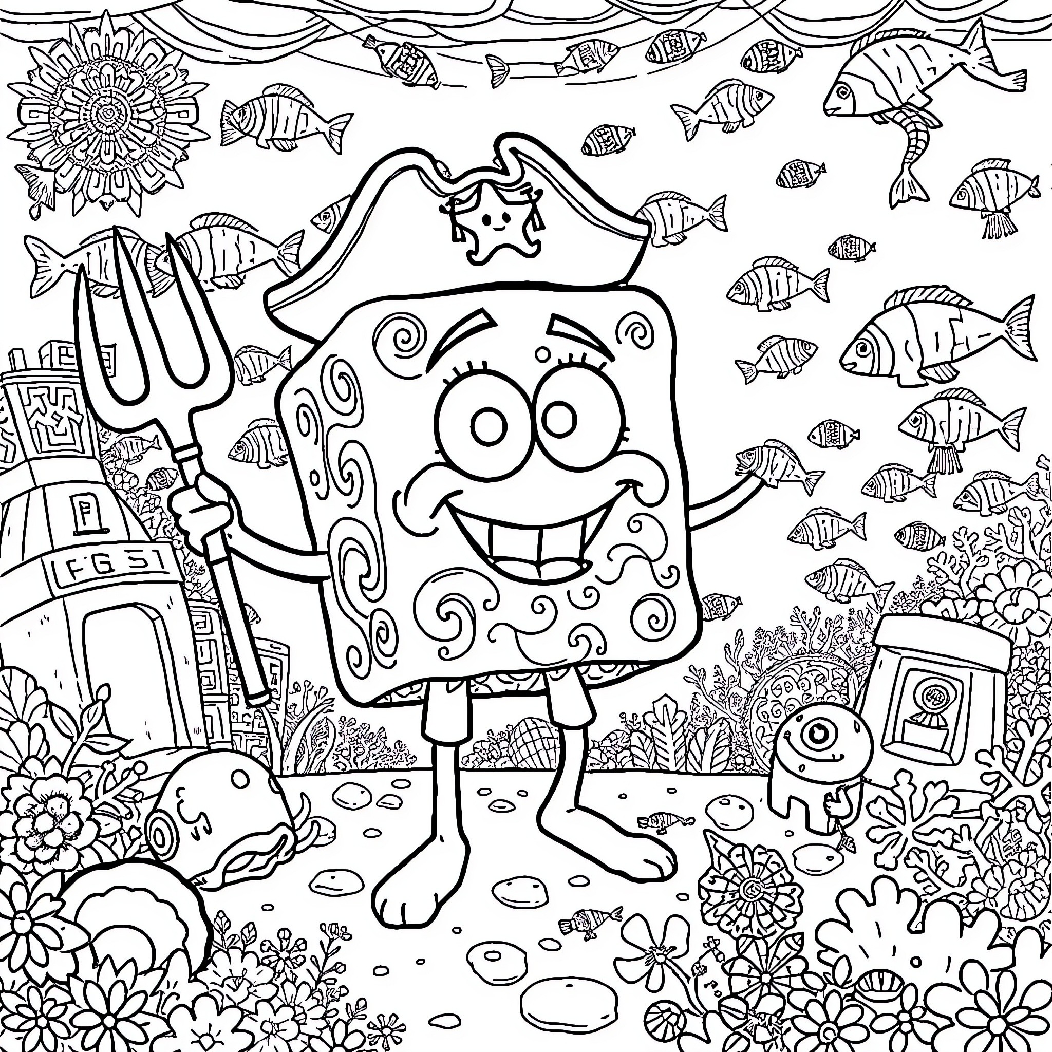 BubbleBob Enjoying the Underwater World Coloring Page (free black-and-white line drawing printable PDF for all, from beginners to advanced learners, including children, teens, adults, and seniors)