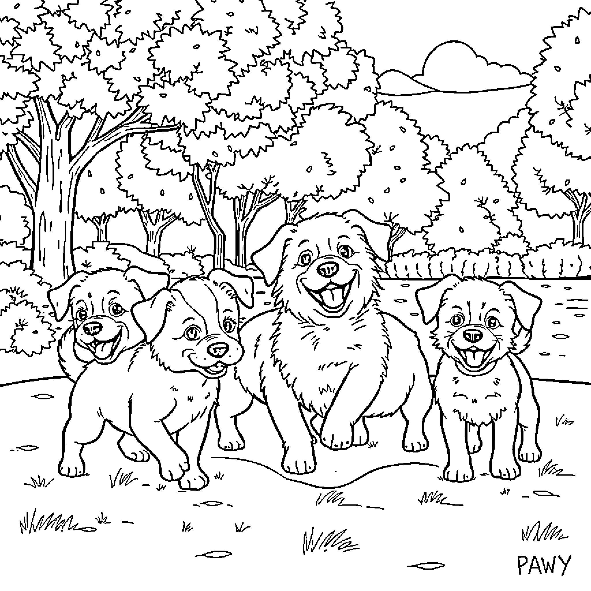 Dog family playing together in nature Coloring Page (free black-and-white line drawing printable PDF for all, from beginners to advanced learners, including children, teens, adults, and seniors)