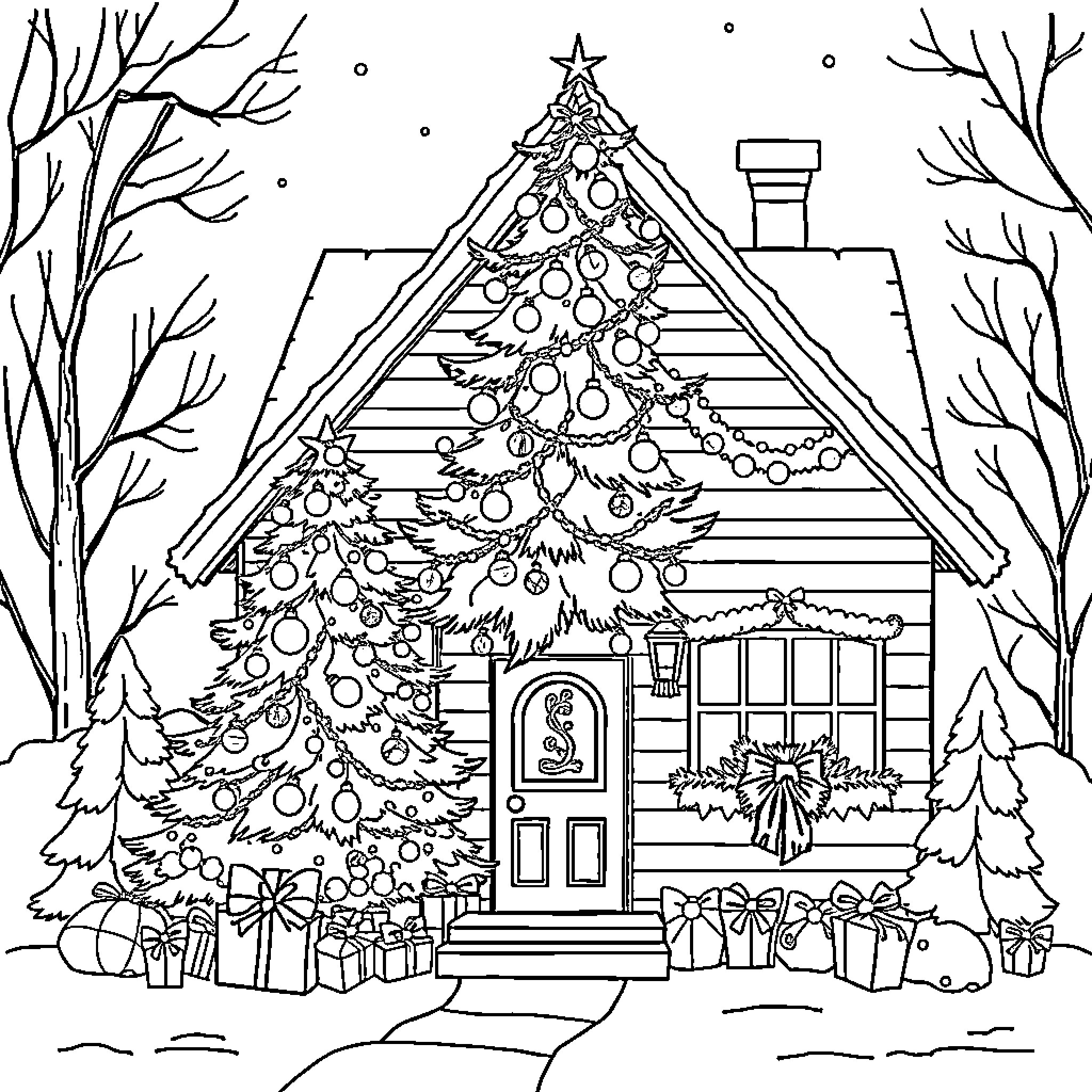 House decorated with Christmas tree and gifts Coloring Page (free black-and-white line drawing printable PDF for all, from beginners to advanced learners, including children, teens, adults, and seniors)