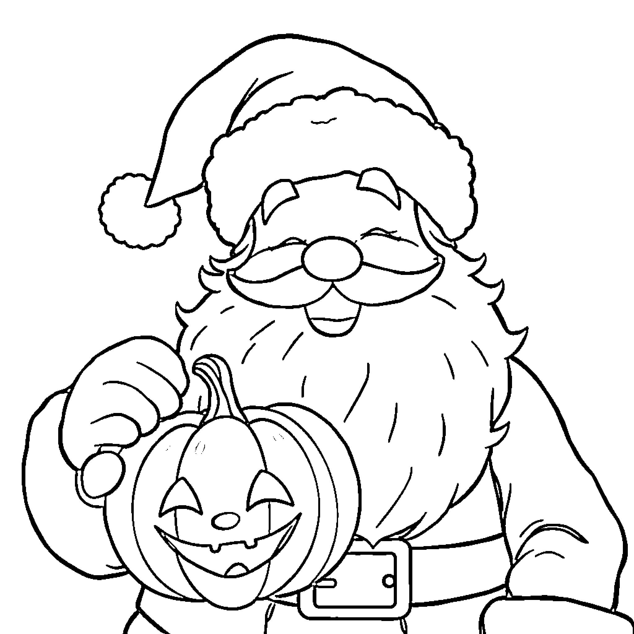 Santa with Pumpkin Trick or Treat Bag Coloring Page (free black-and-white line drawing printable PDF for all, from beginners to advanced learners, including children, teens, adults, and seniors)