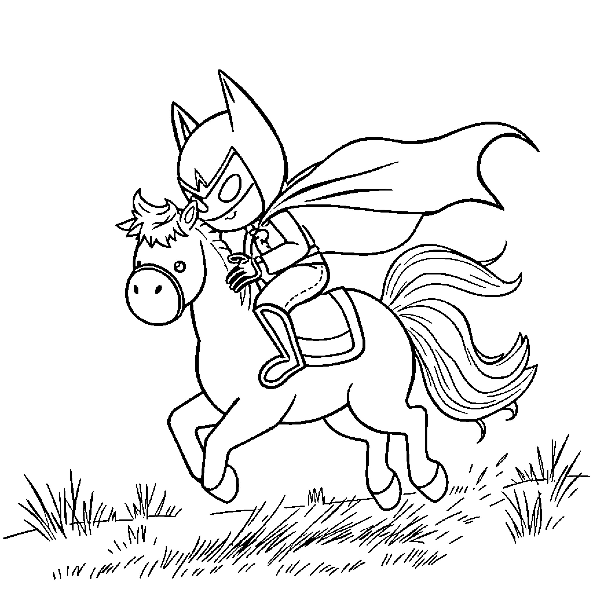 Batman riding a whimsical horse in a grassy field Coloring Page (free black-and-white line drawing printable PDF for all, from beginners to advanced learners, including children, teens, adults, and seniors)