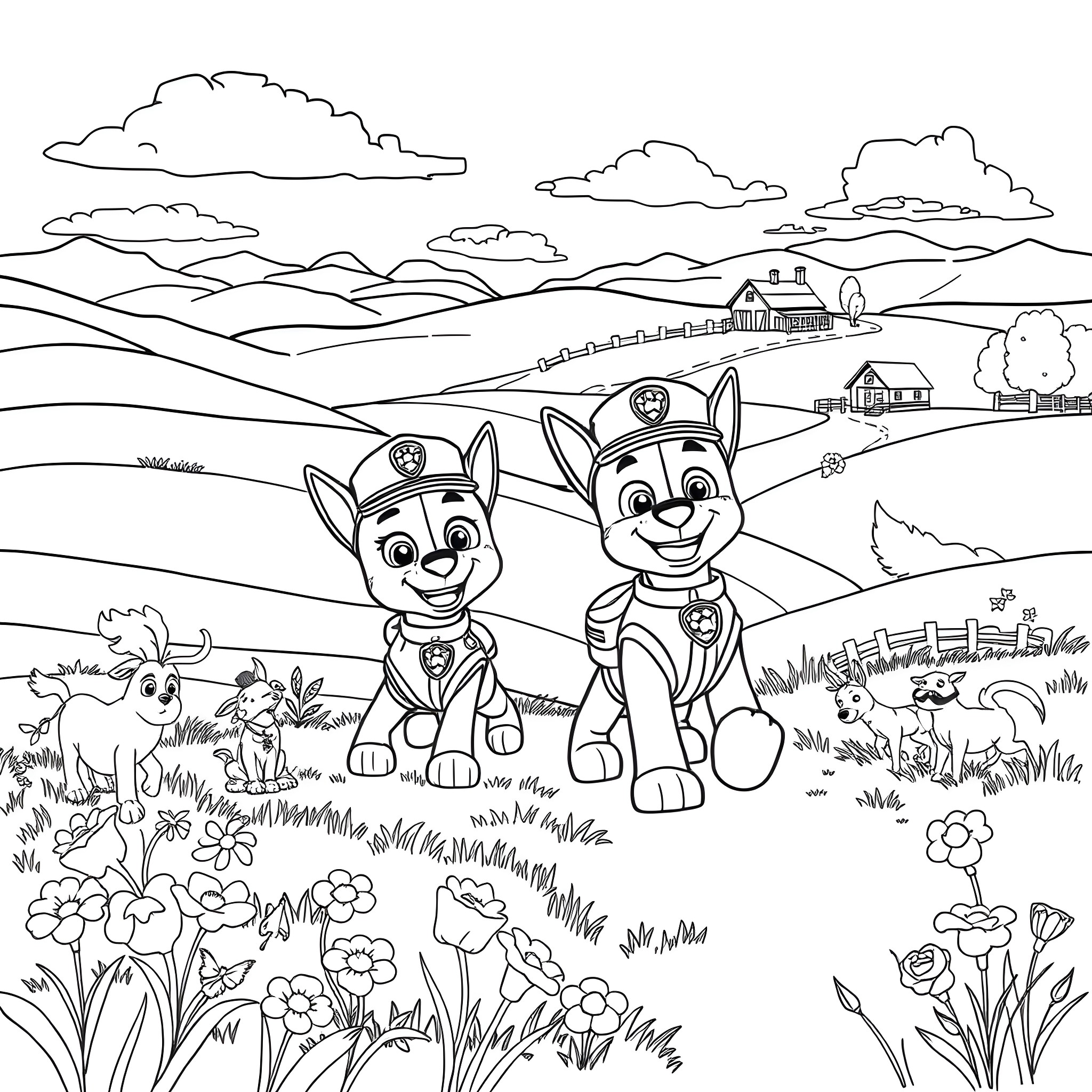 Paw Patrol characters in a peaceful countryside setting Coloring Page (free black-and-white line drawing printable PDF for all, from beginners to advanced learners, including children, teens, adults, and seniors)