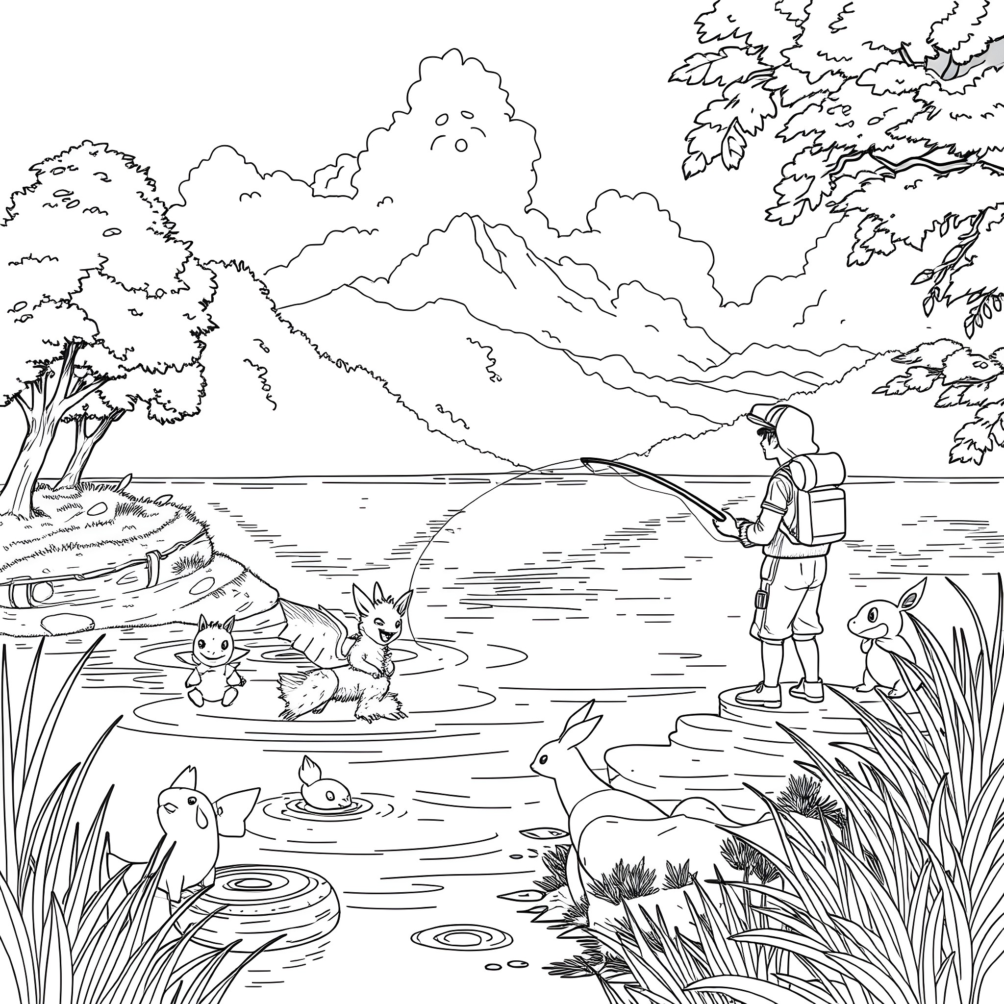 Pokémon trainer exploring a scenic nature landscape Coloring Page (free black-and-white line drawing printable PDF for all, from beginners to advanced learners, including children, teens, adults, and seniors)