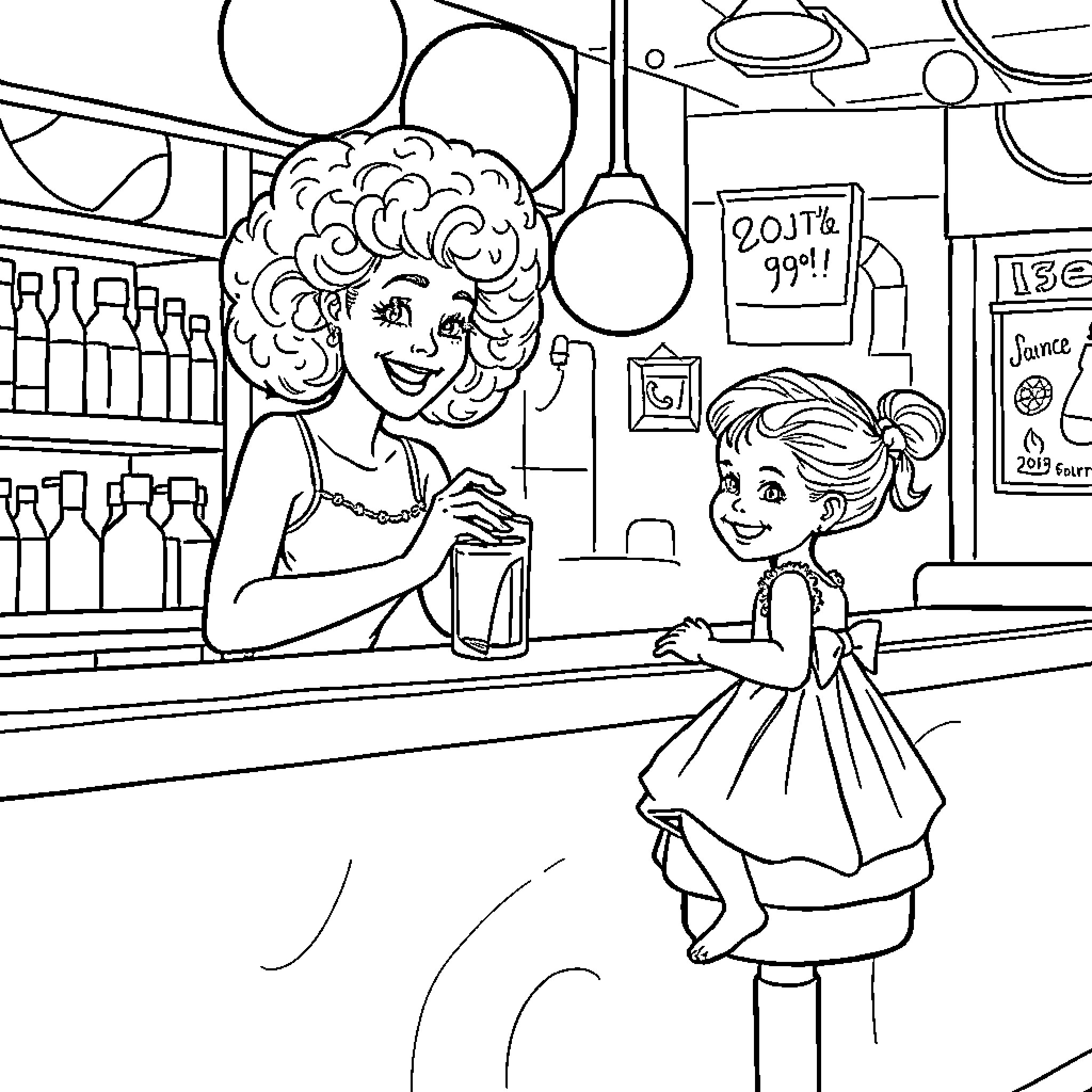 Mum's Fun Day Out at the Diner Coloring Page (free black-and-white line drawing printable PDF for all, from beginners to advanced learners, including children, teens, adults, and seniors)