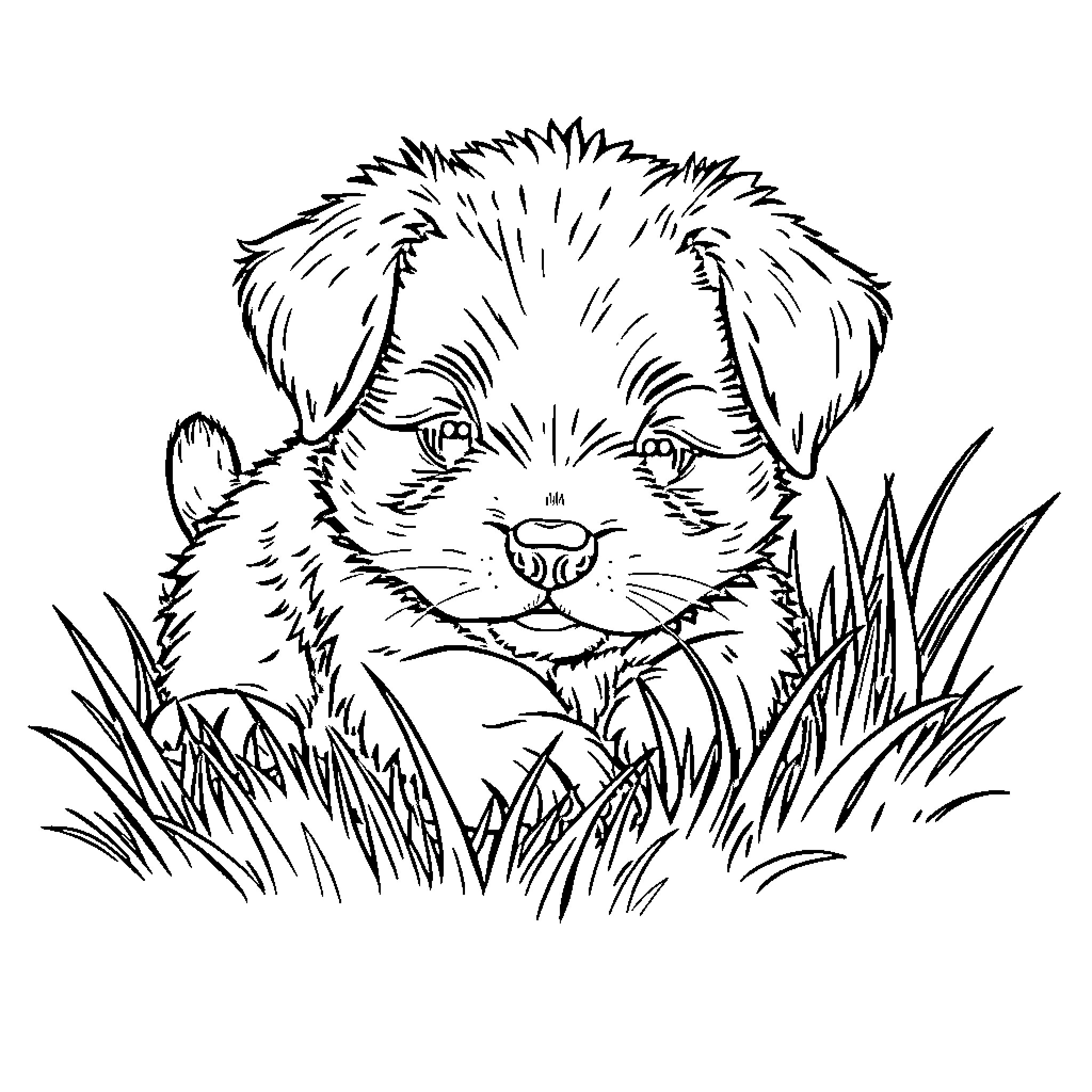 Puppy exploring the grassy field Coloring Page (free black-and-white line drawing printable PDF for all, from beginners to advanced learners, including children, teens, adults, and seniors)
