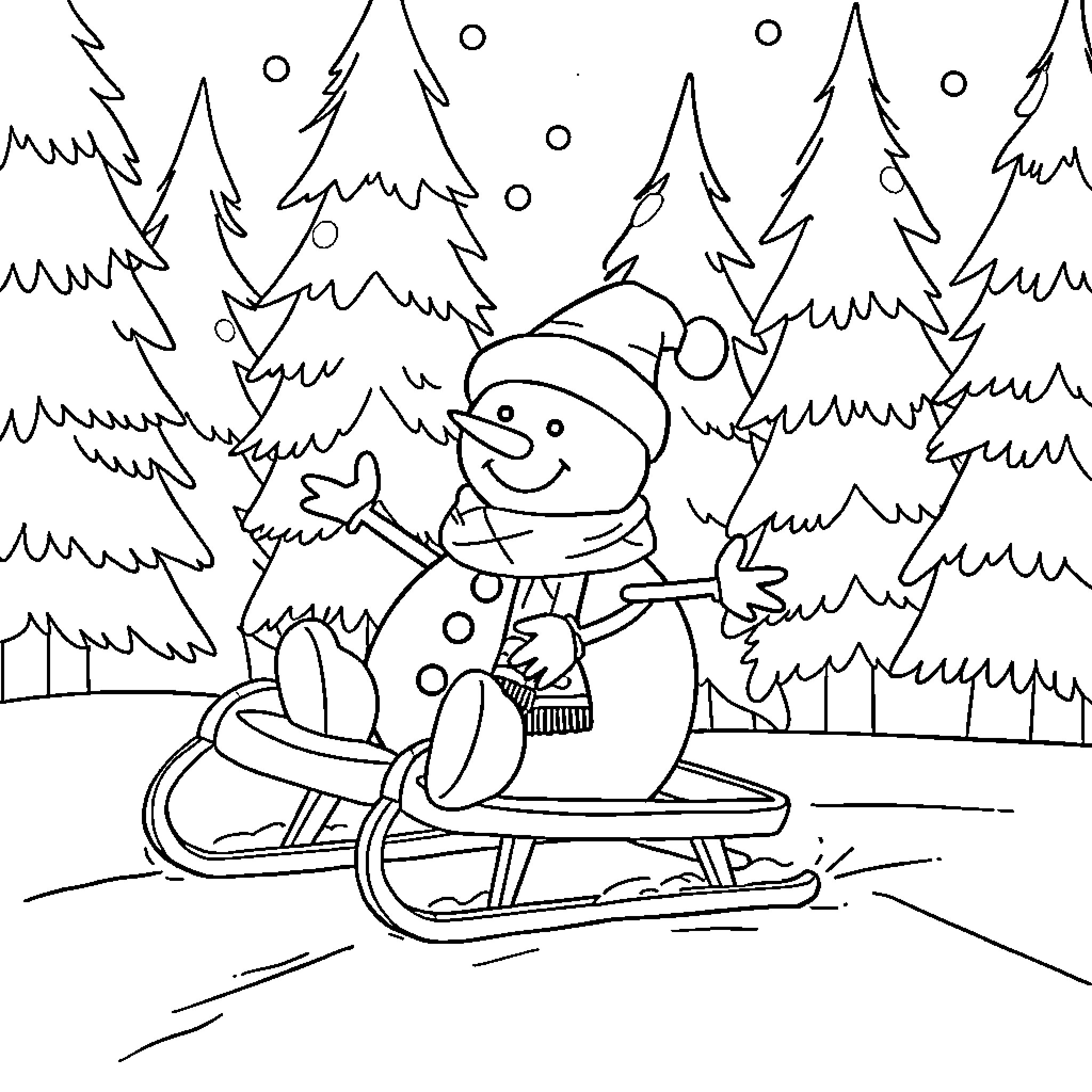 Snowman riding a sled through the snowy forest Coloring Page (free black-and-white line drawing printable PDF for all, from beginners to advanced learners, including children, teens, adults, and seniors)