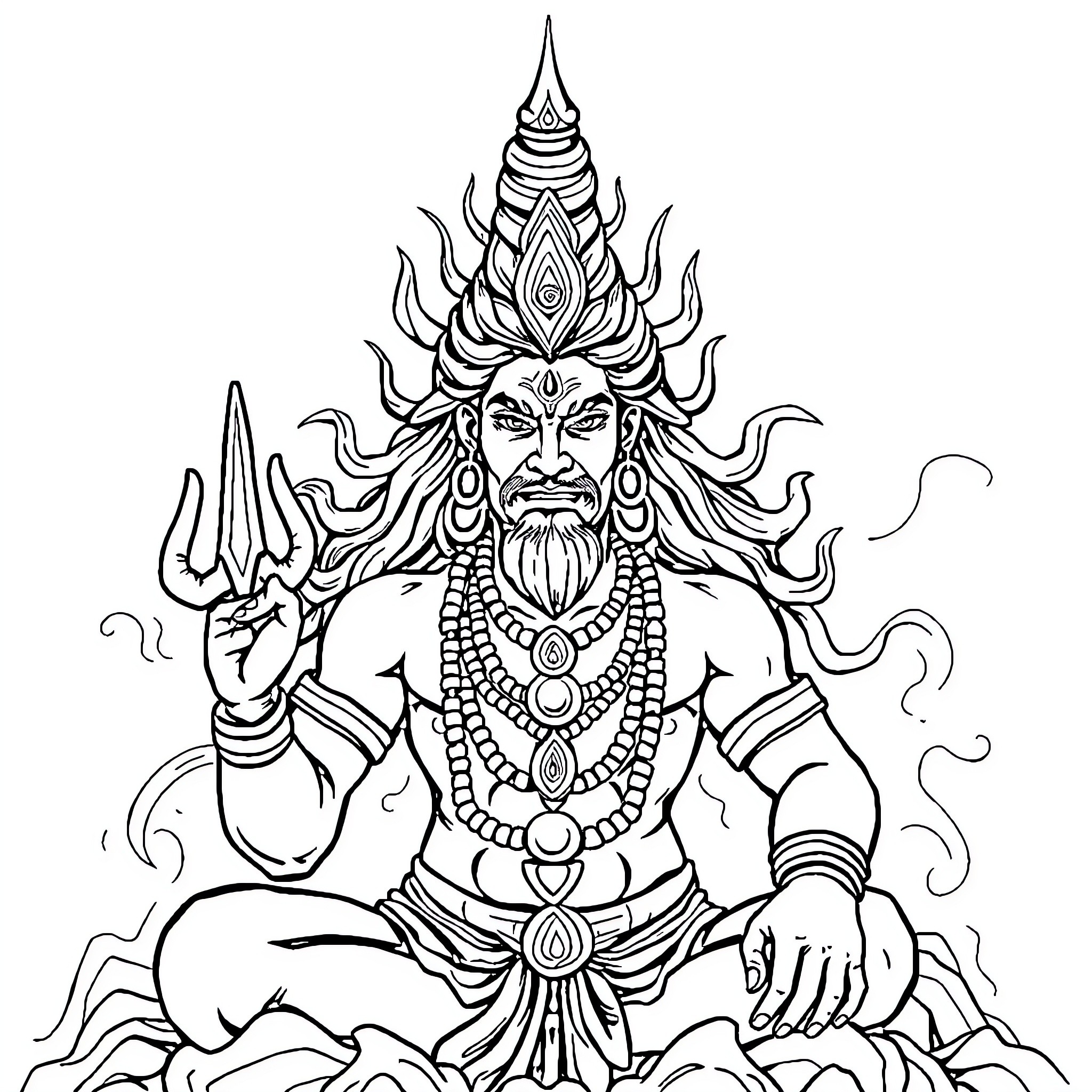 Shiv, the Powerful Hindu Deity with Ornate Attire Coloring Page (free black-and-white line drawing printable PDF for all, from beginners to advanced learners, including children, teens, adults, and seniors)