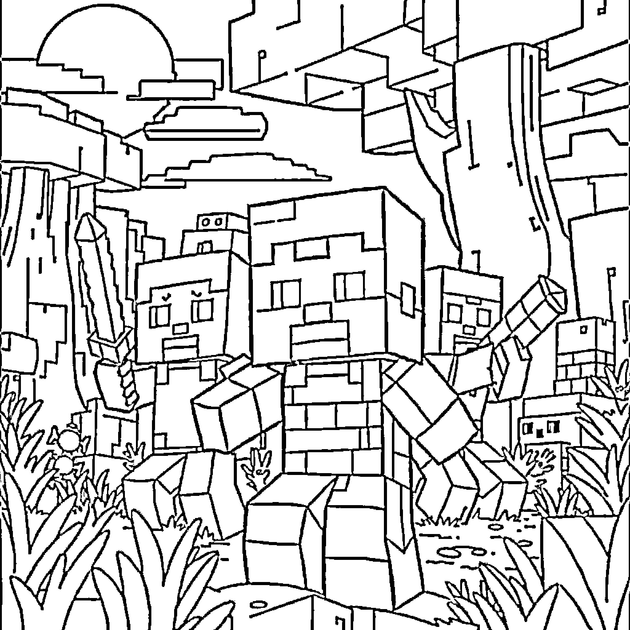 Minecraft Character Exploring Blocky Landscape Coloring Page (free black-and-white line drawing printable PDF for all, from beginners to advanced learners, including children, teens, adults, and seniors)